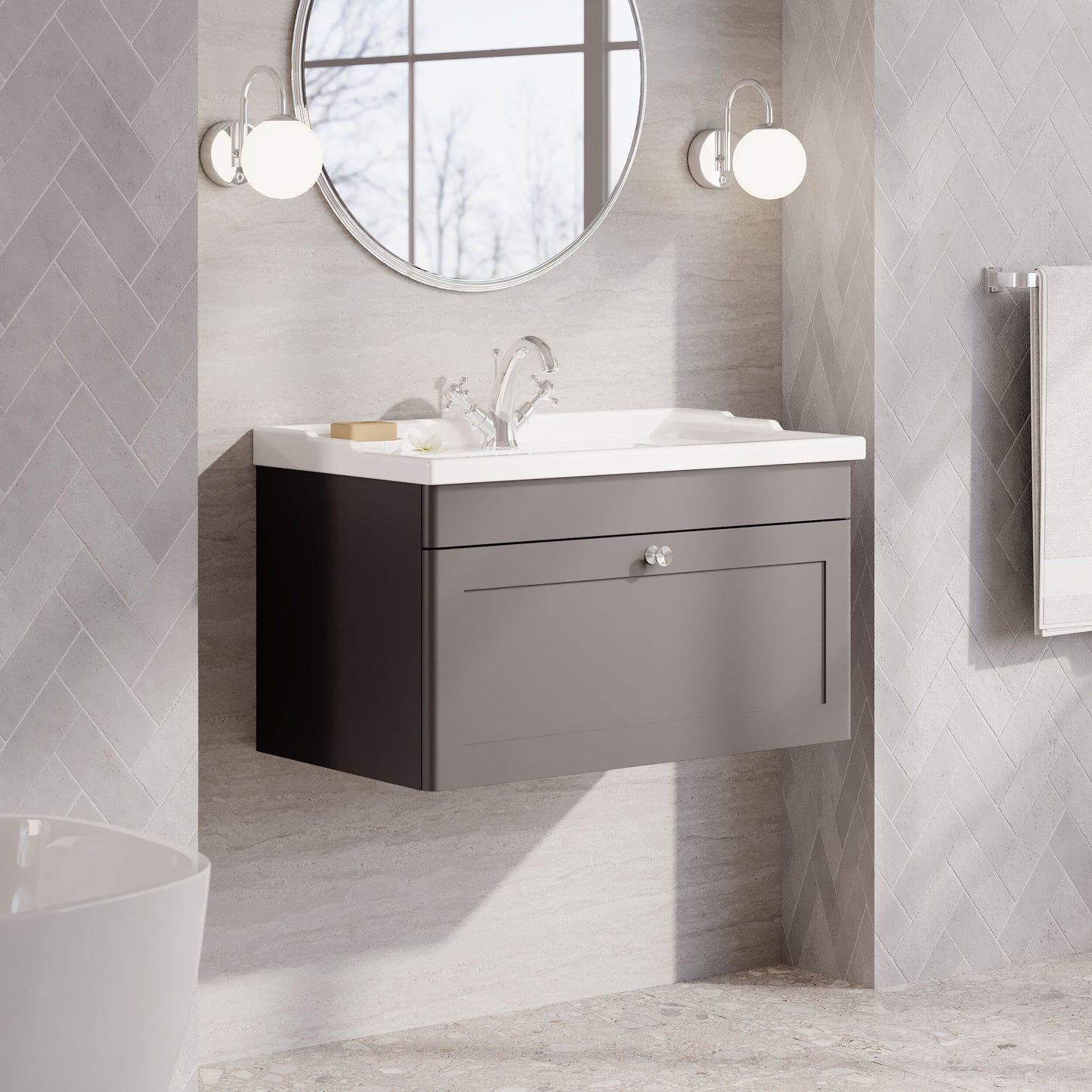 Classique Wall Hung 1 Drawer Unit & 1 Tap Hole Fireclay Basin, 800mm