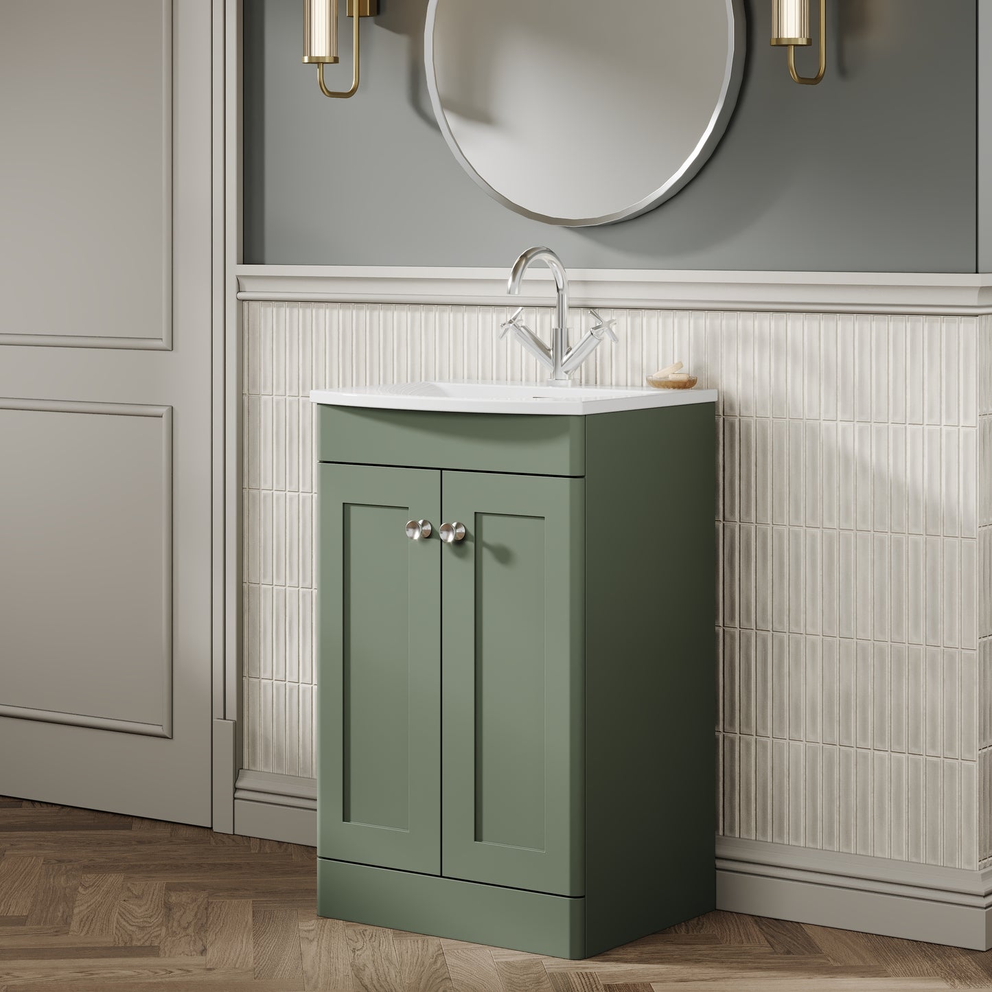 Nuie Classique 500mm Satin Green Floor Standing 2-Door Vanity Unit & Basin
