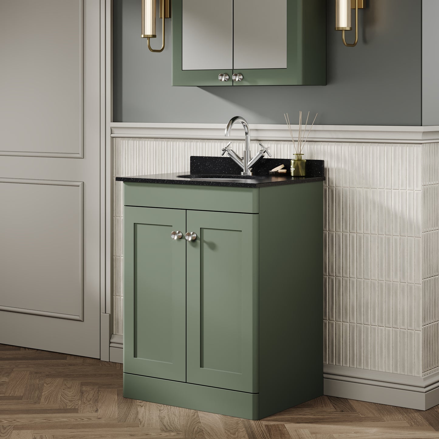 Nuie Classique 600mm Satin Green Floor Standing 2 Door Basin Unit With Handles & Backsplash