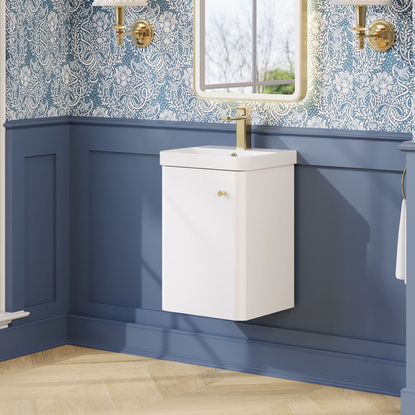 Balterley Curve Contemporary Bathroom Wall Hung Single Door Vanity Unit & Ceramic Basin, Gloss White, 405mm