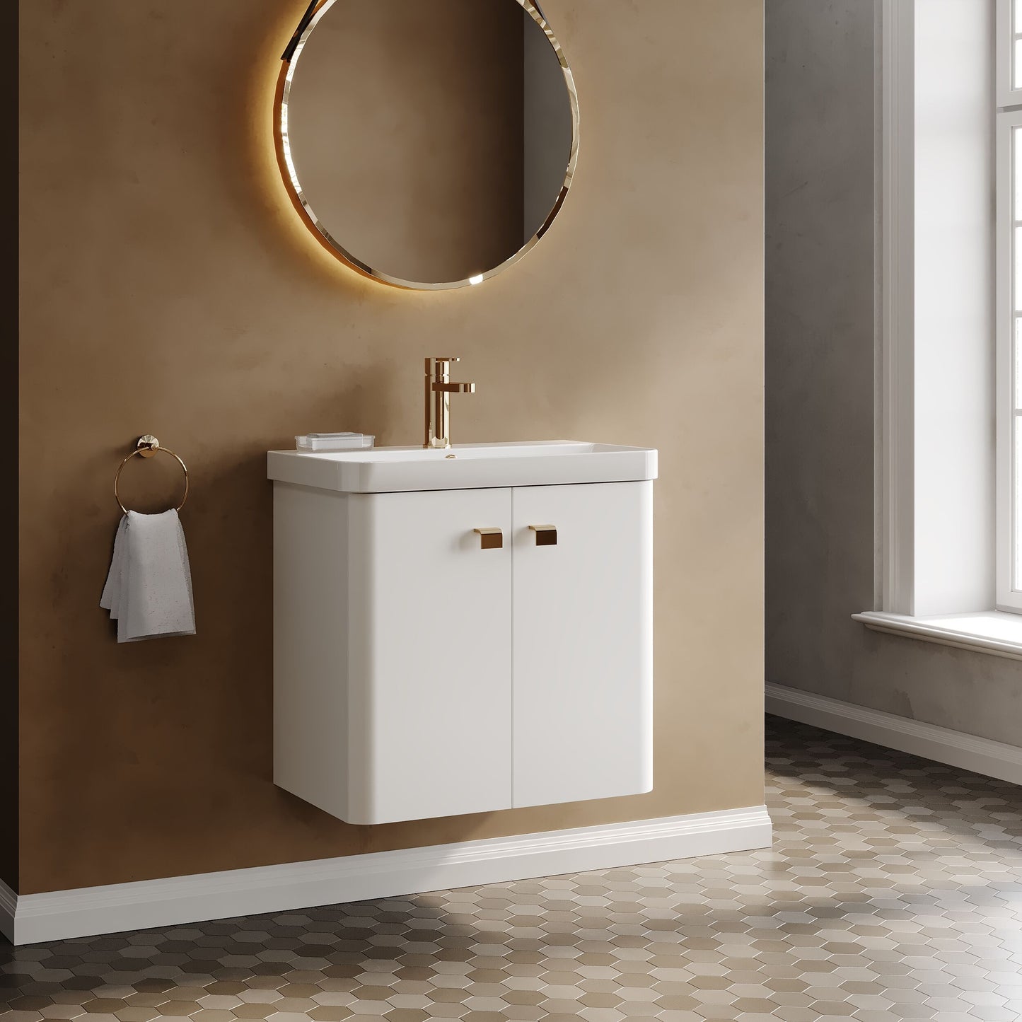Nuie Core 600mm 2 Door Gloss White Wall Hung Vanity Unit With Basin