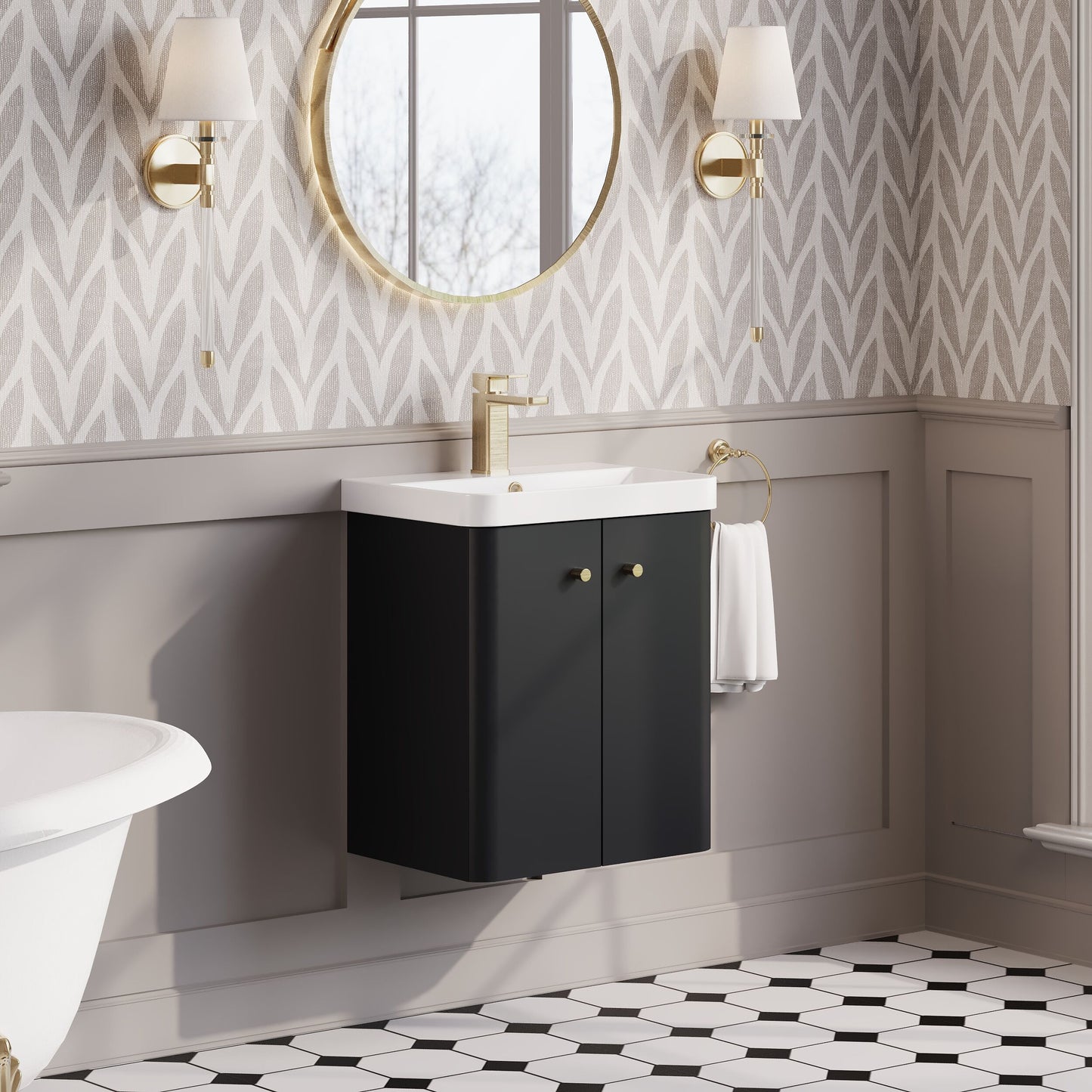 Balterley Curve Modern Bathroom Wall Hung 2 Door Vanity Unit Basin, Dark Grey, 505mm