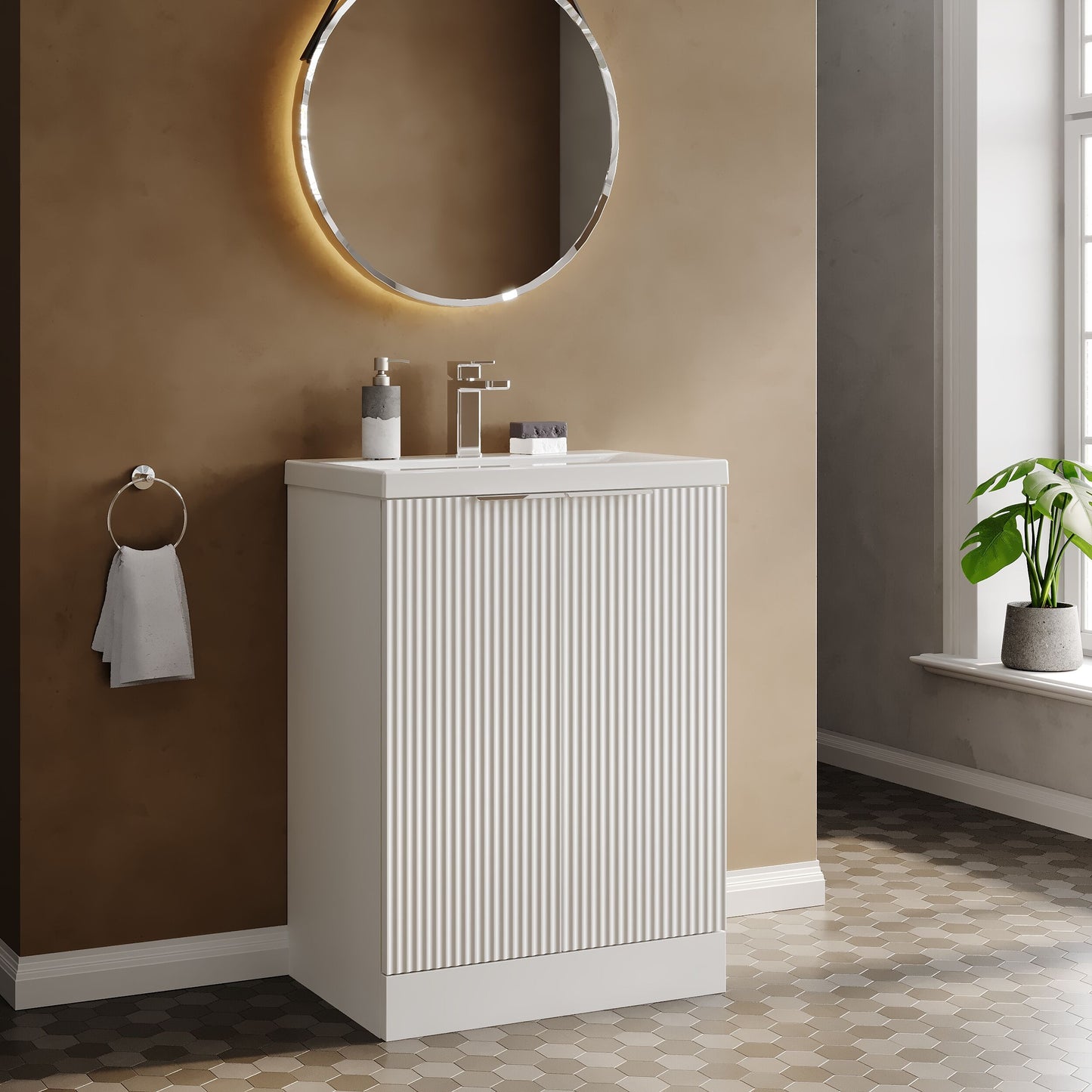 Balterley Fluted Front Floor Standing 2 Door Vanity Basin Unit with Ceramic Basin 600mm- Satin White