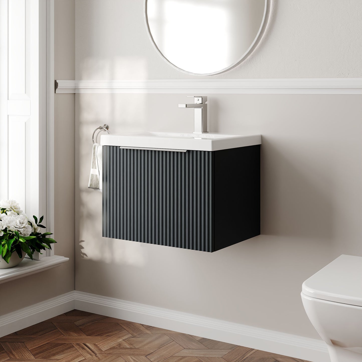 Balterley Fluted Wall Hung 1 Drawer Vanity Basin Unit with Ceramic Basin 500mm - Dark Grey