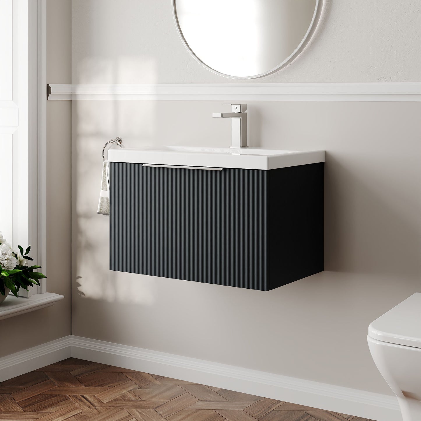 Balterley Fluted Wall Hung 1 Drawer Vanity Basin Unit with Ceramic Basin 600mm - Dark Grey