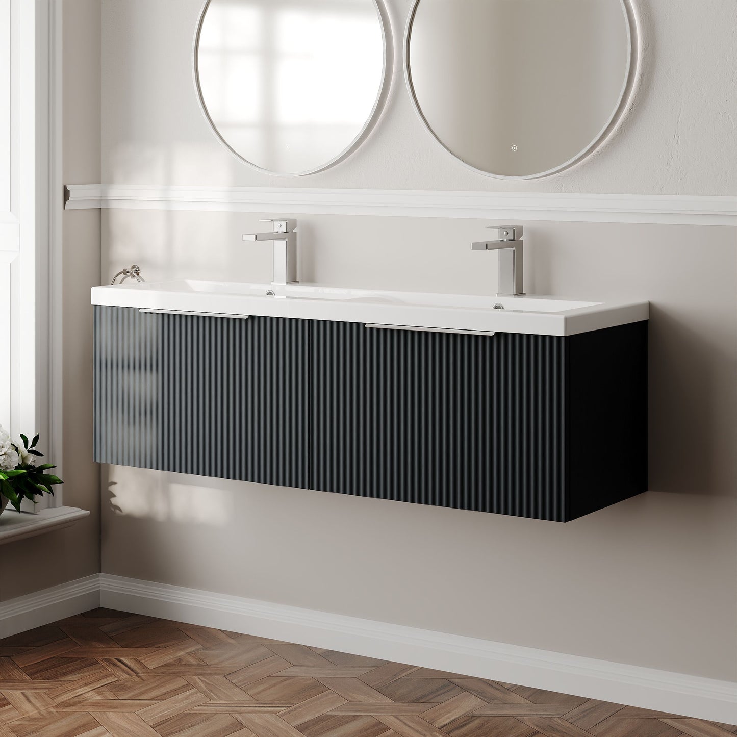 Hudson Reed Fluted 1200mm Wall Hung Soft Black 2-Drawer Vanity Unit with Double Basin