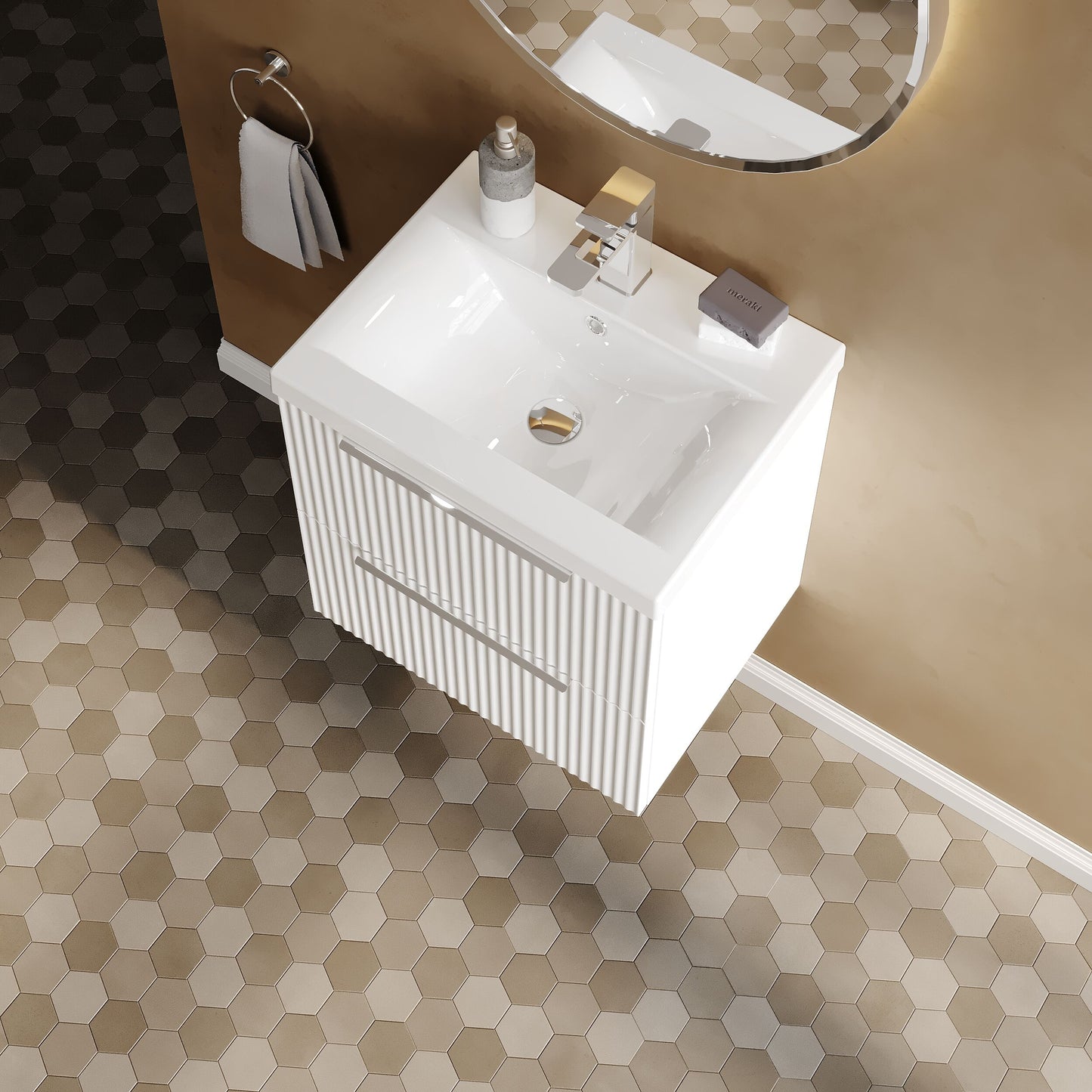 Balterley Fluted Wall Hung 2 Drawer Vanity Basin Unit with Ceramic Basin 500mm - Satin White