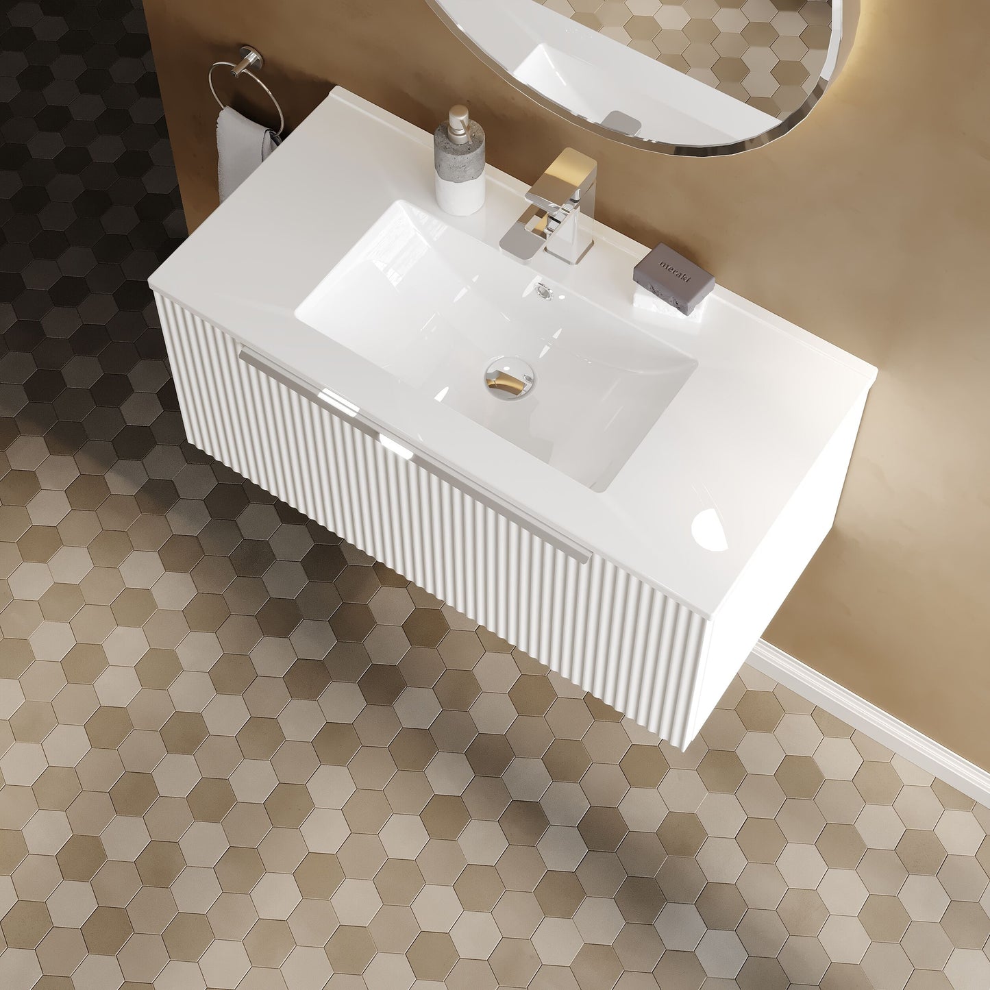 Hudson Reed Fluted 800mm Wall Hung Single Drawer Vanity With Ceramic Basin