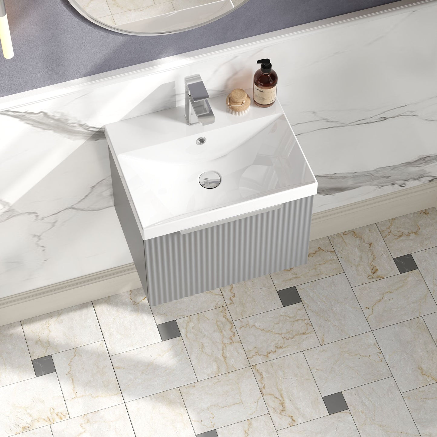 Hudson Reed Fluted 500mm Satin Grey Wall Hung Single Drawer Vanity Unit With Thin-Edge Basin