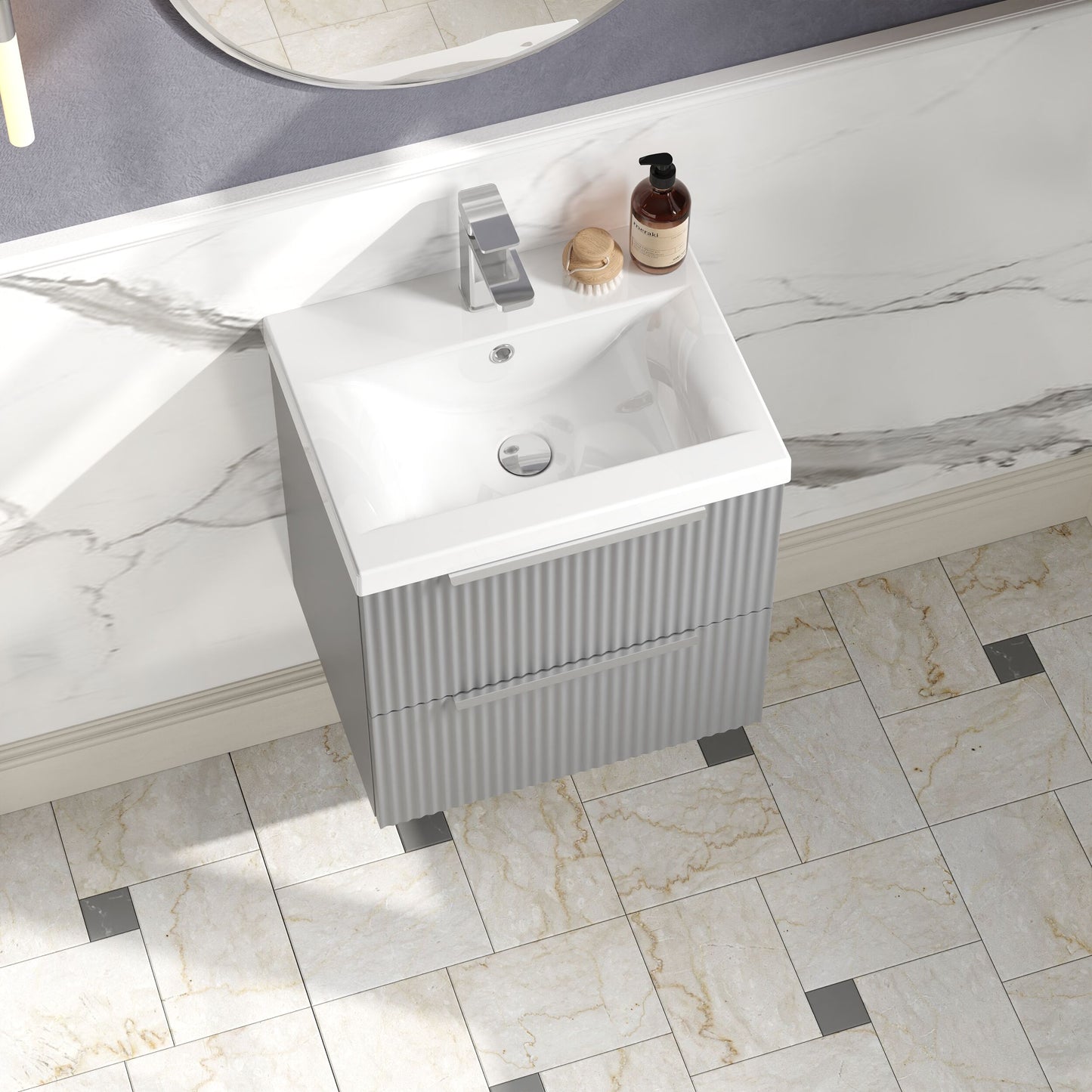 Balterley Fluted Wall Hung 2 Drawer Vanity Basin Unit with Ceramic Basin 500mm - Satin Grey