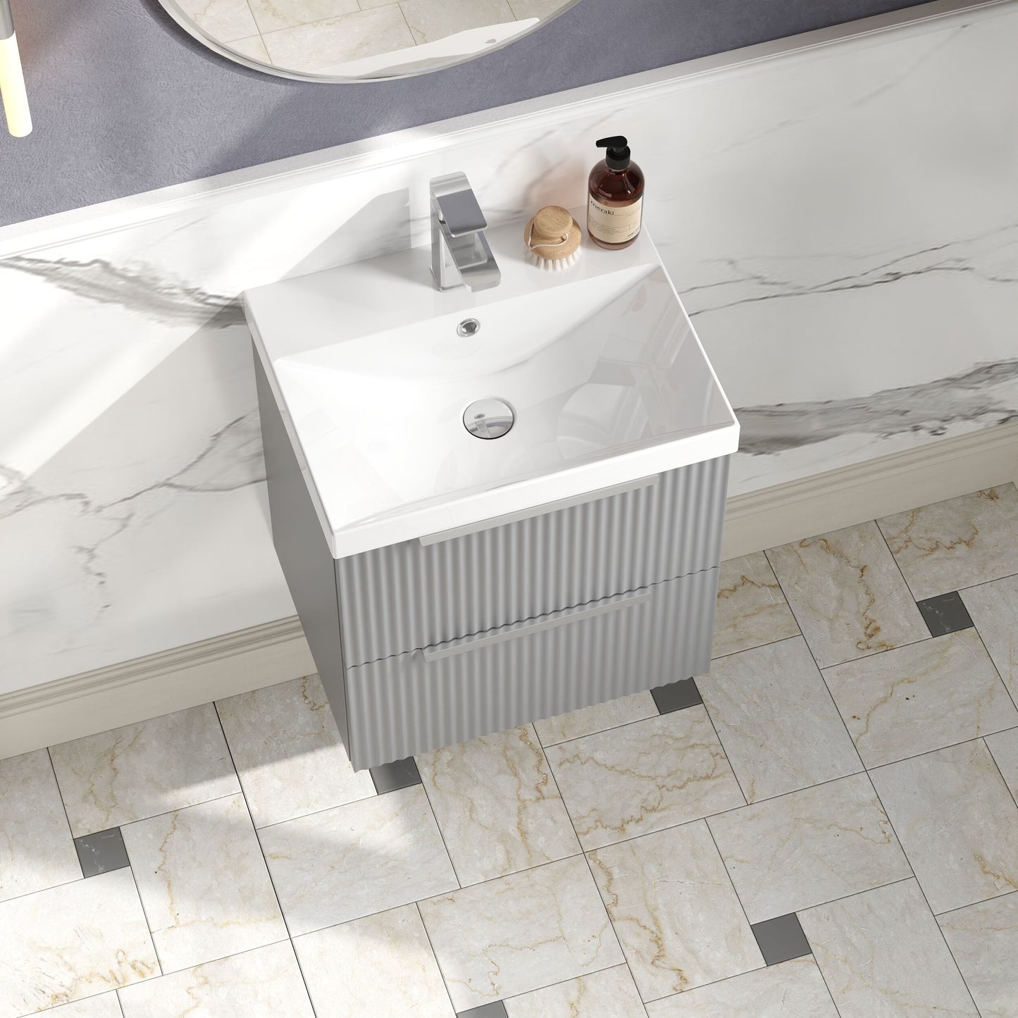 Hudson Reed Fluted 500mm Wall Hung Satin Grey 2-Drawer Vanity Unit with Thin-Edge Basin