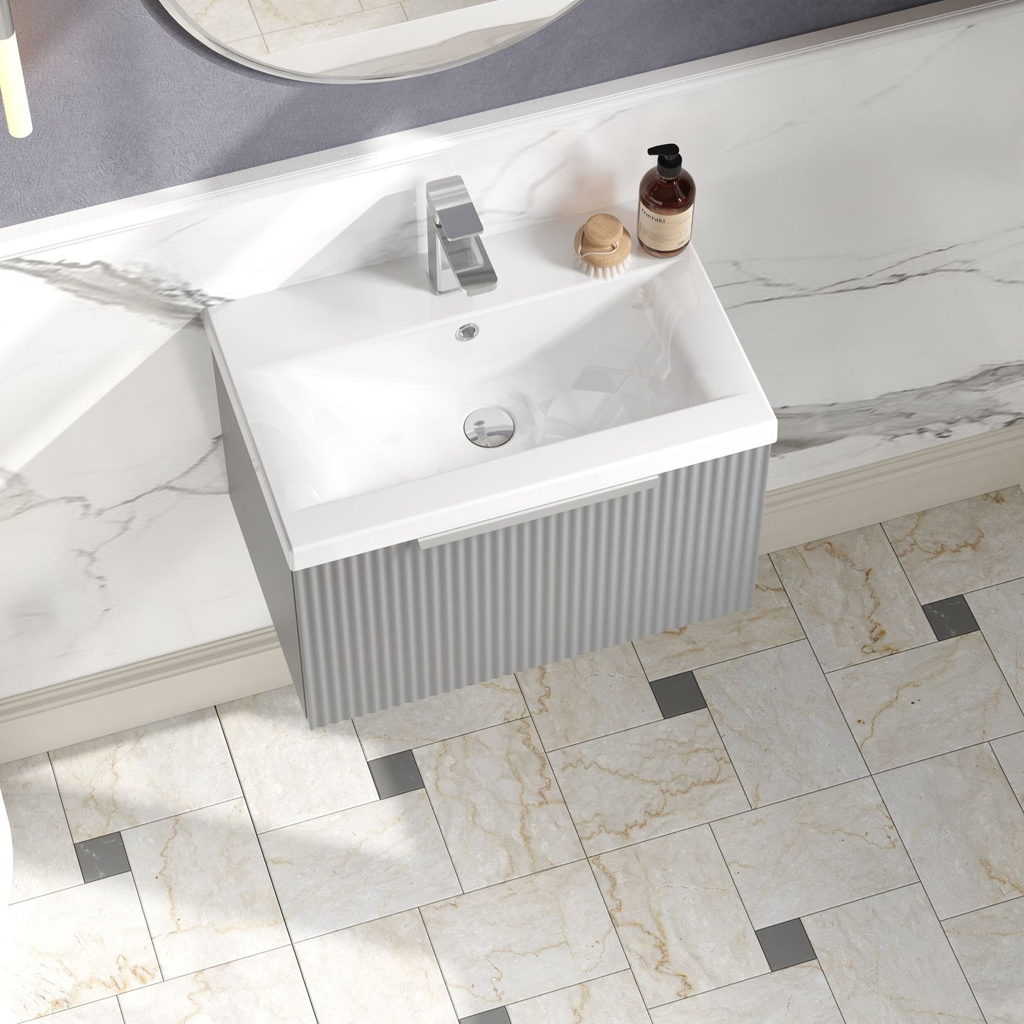 Balterley Fluted Wall Hung 1 Drawer Vanity Basin Unit with Ceramic Basin 600mm - Satin Grey