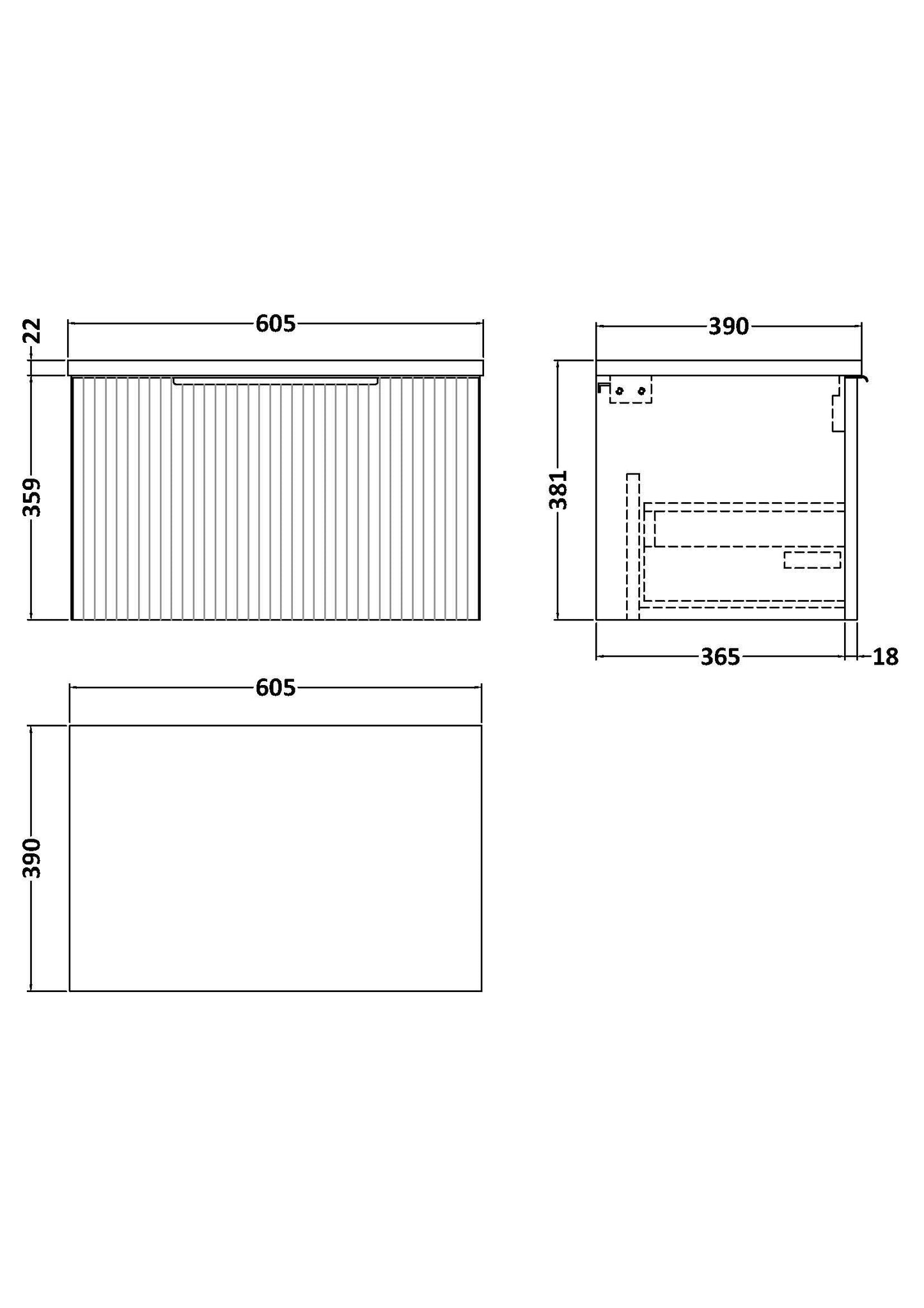 Hudson Reed Fluted 600mm Wall Hung Single Drawer Vanity With Laminate Top