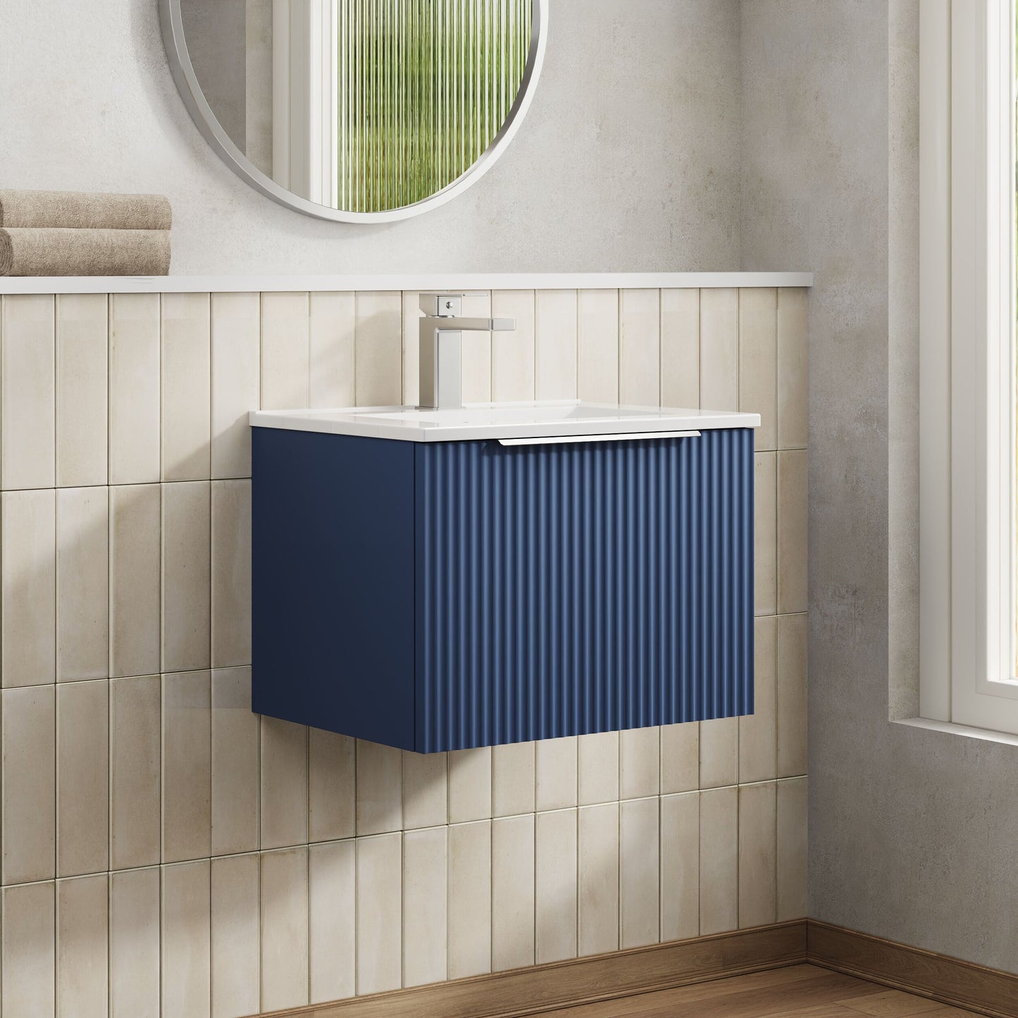 Hudson Reed Fluted 500mm Satin Blue Wall Hung Single Drawer Vanity Unit With Ceramic Basin