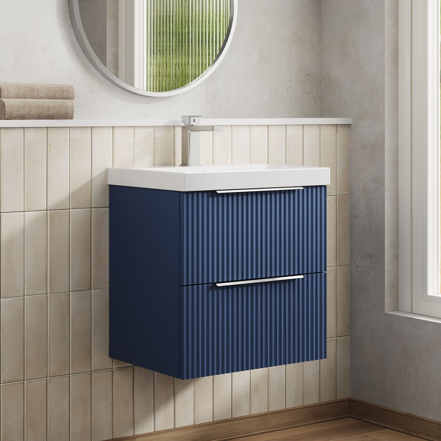 Hudson Reed Fluted 500mm Satin Blue Wall Hung 2-Drawer Vanity Unit with Basin