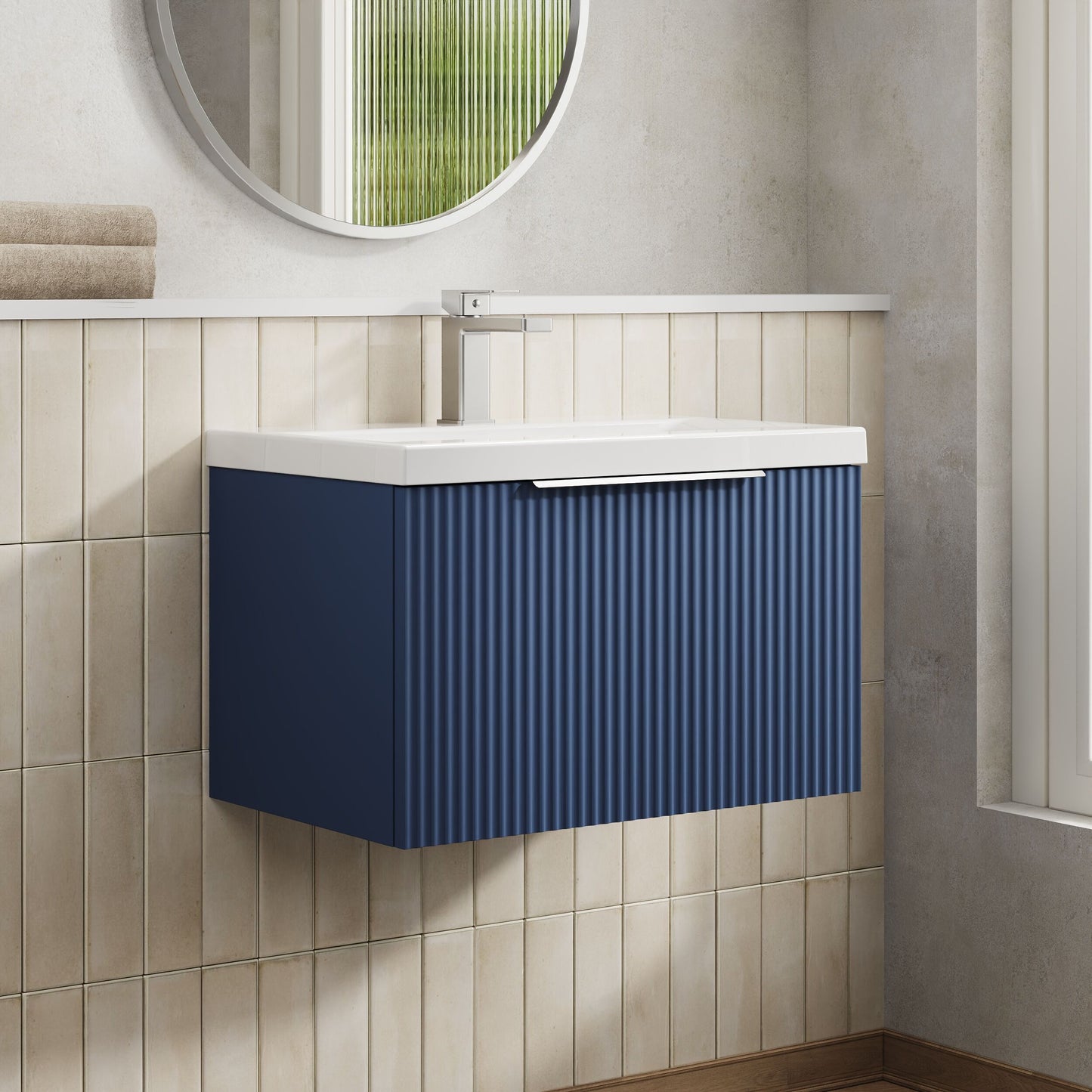 Balterley Fluted Wall Hung 1 Drawer Vanity Basin Unit with Ceramic Basin 600mm - Satin Blue