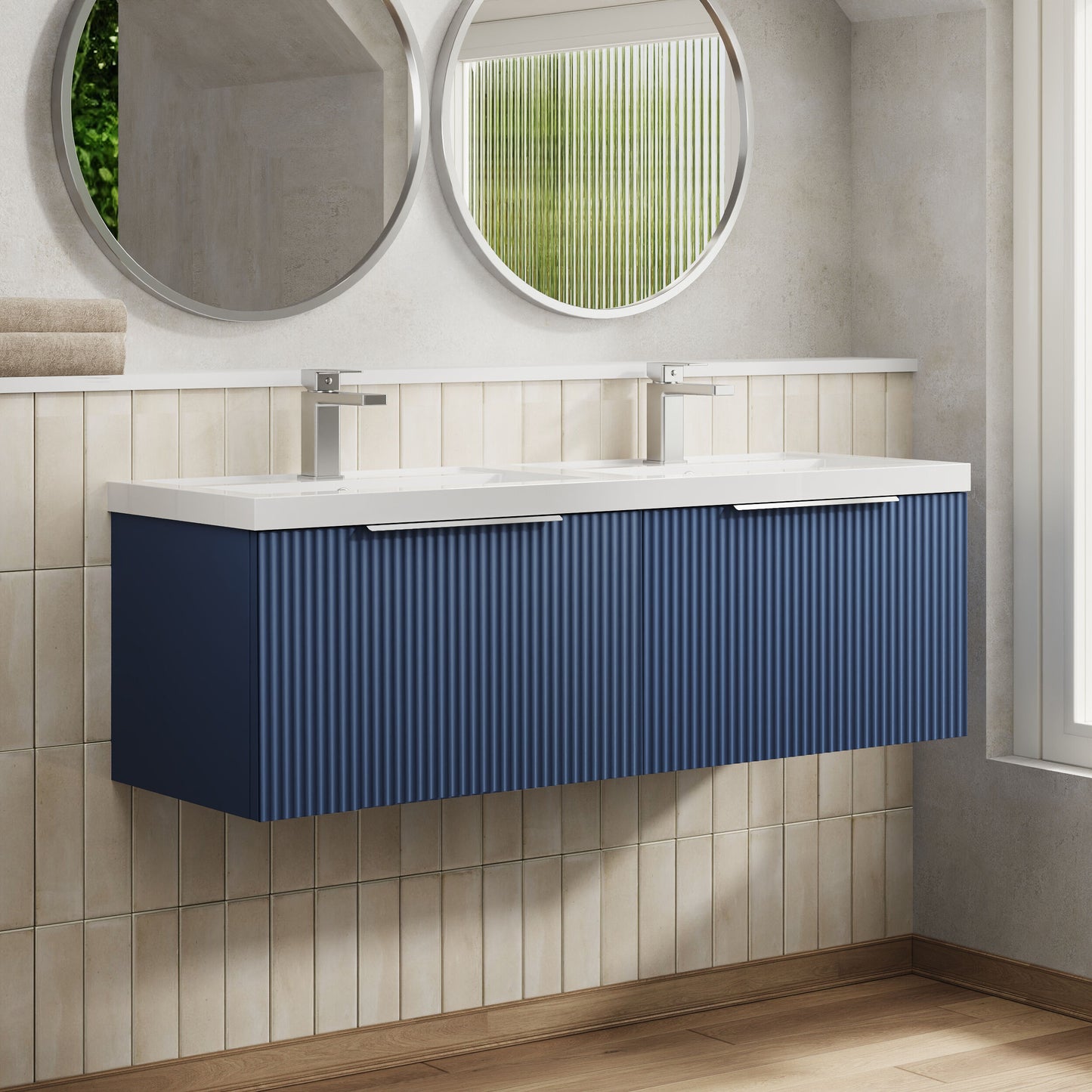 Balterley Fluted Wall Hung 2 Drawer Vanity Basin Unit with Double Polymarble Basin 1200mm - Satin Blue