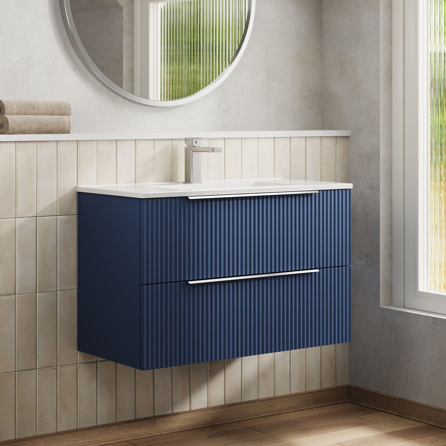 Hudson Reed Fluted 800mm Satin Blue Wall Hung 2-Drawer Vanity Unit With Basin
