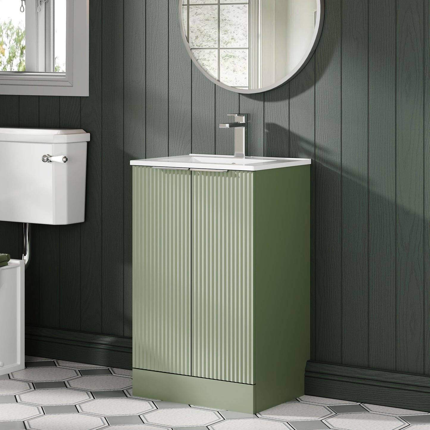 Hudson Reed Fluted 500mm Satin Green Floor Standing 2-Door Vanity Unit With Basin