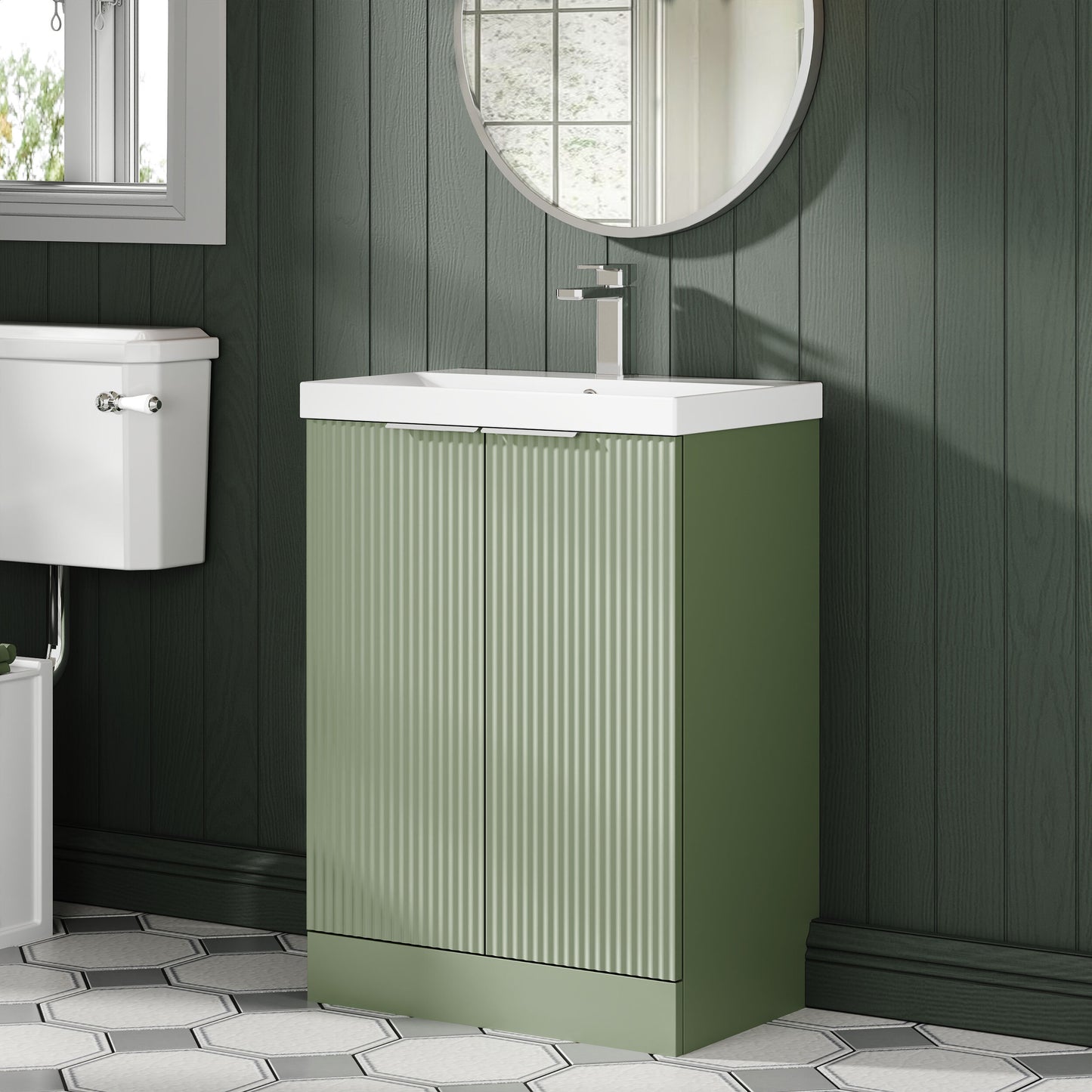 Hudson Reed Fluted 600mm Satin Green Floor Standing 2-Door Vanity Unit With Basin