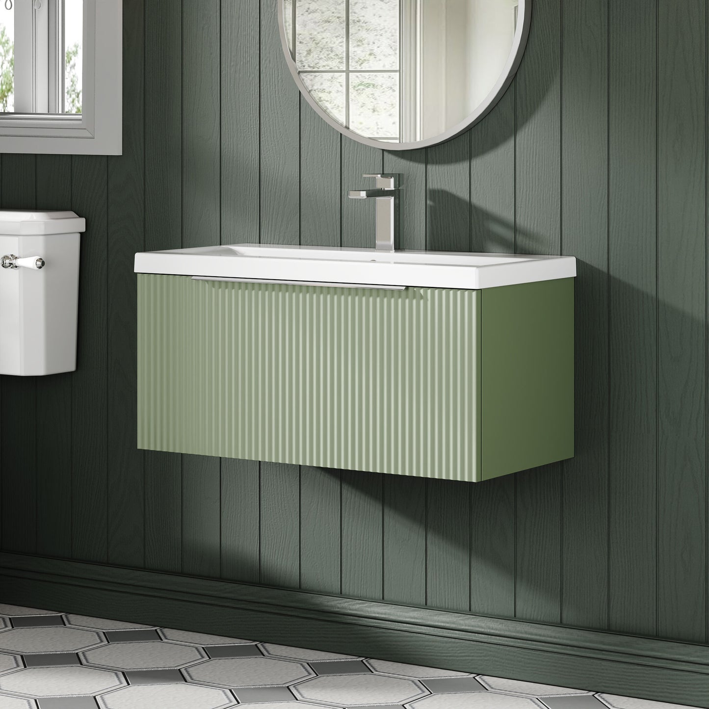 Balterley Fluted Wall Hung 1 Drawer Vanity Basin Unit with Ceramic Basin 800mm - Satin Green