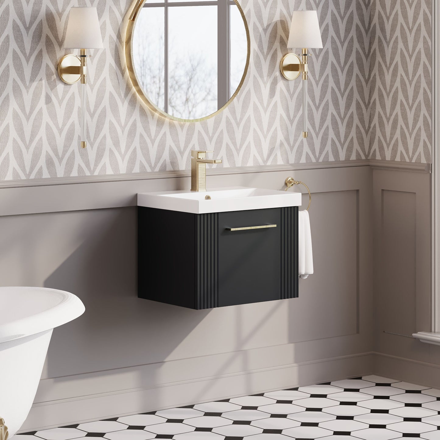 Nuie Deco 500mm Wall Hung Single Drawer Soft Black Vanity Unit with Basin and Chrome Handles