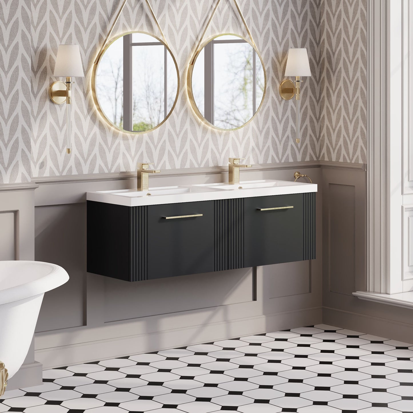 Nuie Deco 1200mm Soft Black Wall Hung 2-Drawer Double Basin Vanity Unit With Chrome Handles & White Basins