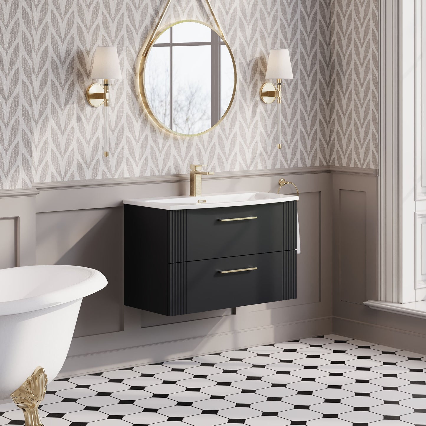 Nuie 800mm Soft Black Part Fluted Wall Hung 2-Drawer Vanity Unit & Curved Basin With Chrome Handles