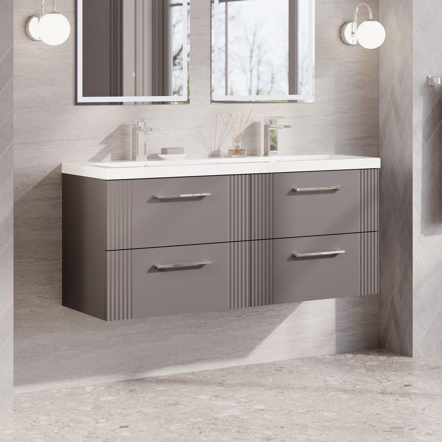 Nuie Deco 1200mm Satin Grey Wall Hung 4-Drawer Vanity & Double Basin