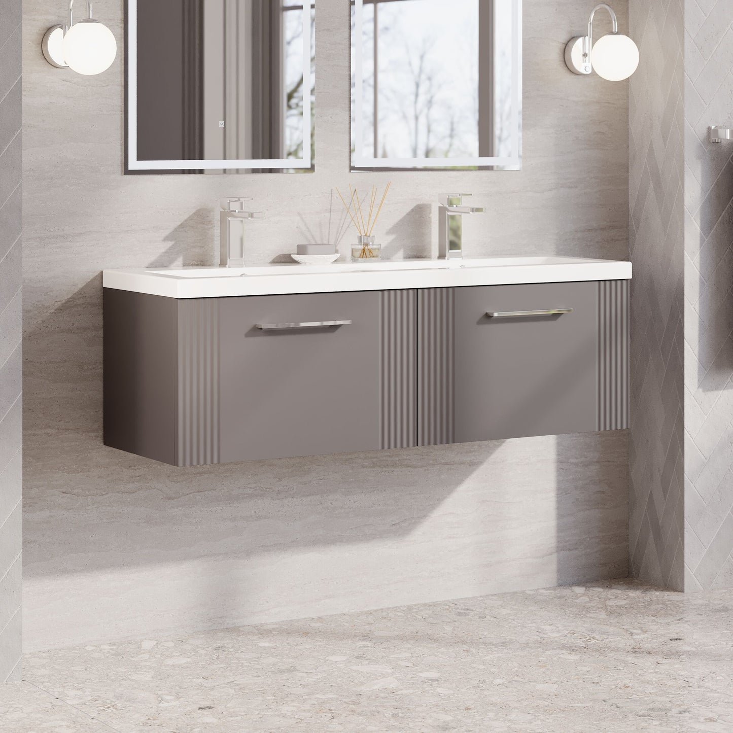 Nuie Deco 1200mm Wall Hung 2-Drawer Vanity & Double Basin With Handles