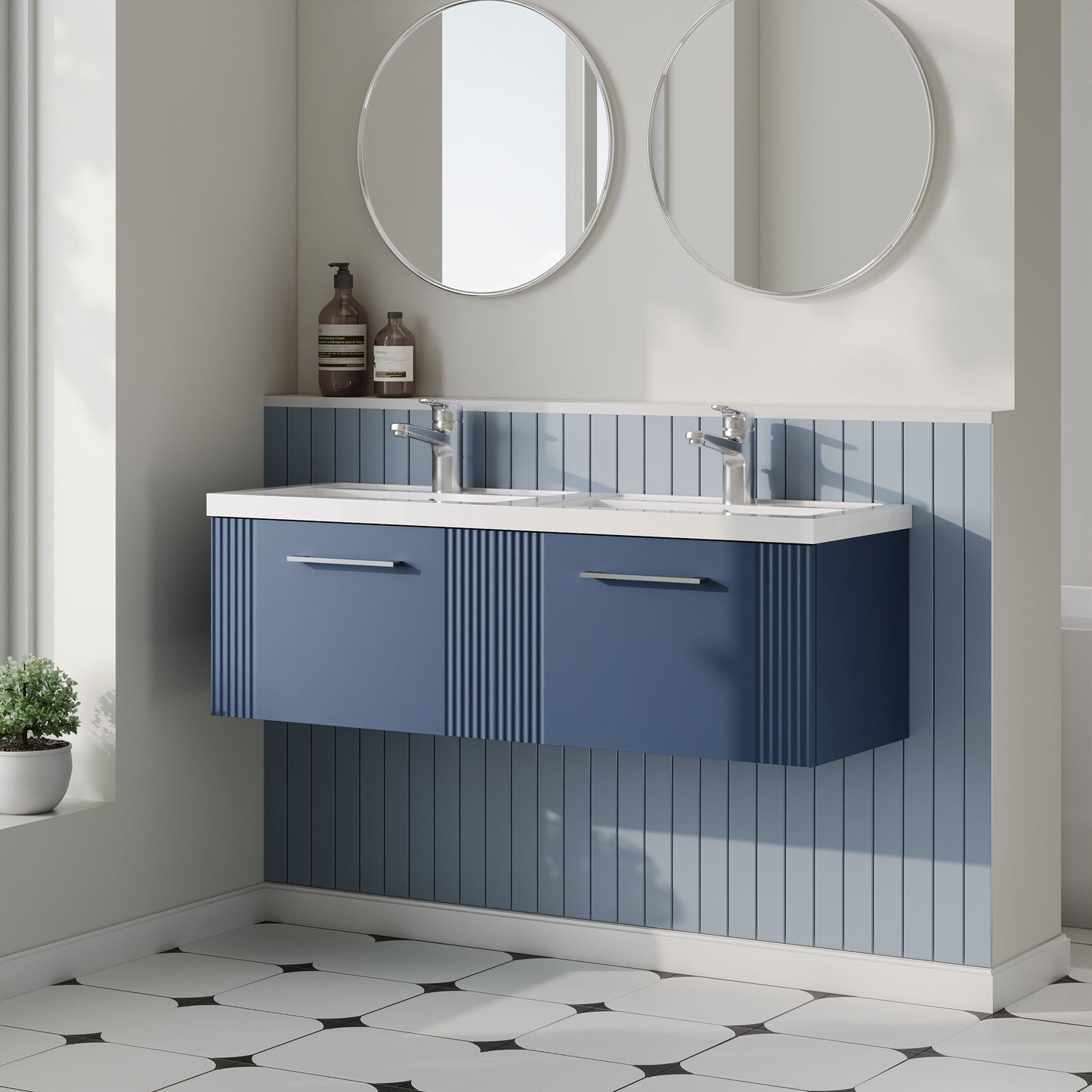 Nuie 1200mm Satin Blue Wall Hung 2-Drawer Vanity & Double Basin With Chrome Handles