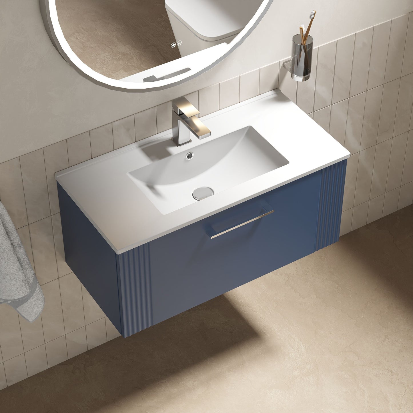 Nuie 800mm Satin Blue Wall Hung Single Drawer Vanity Unit with Basin & Chrome Handles