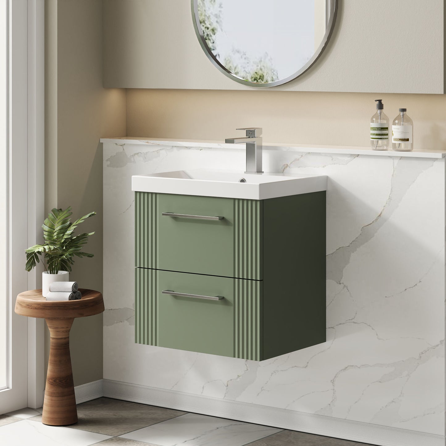 Nuie 500mm Satin Green Part Fluted Wall Hung 2-Drawer Vanity Unit with Thin-Edge Basin & Chrome Handles