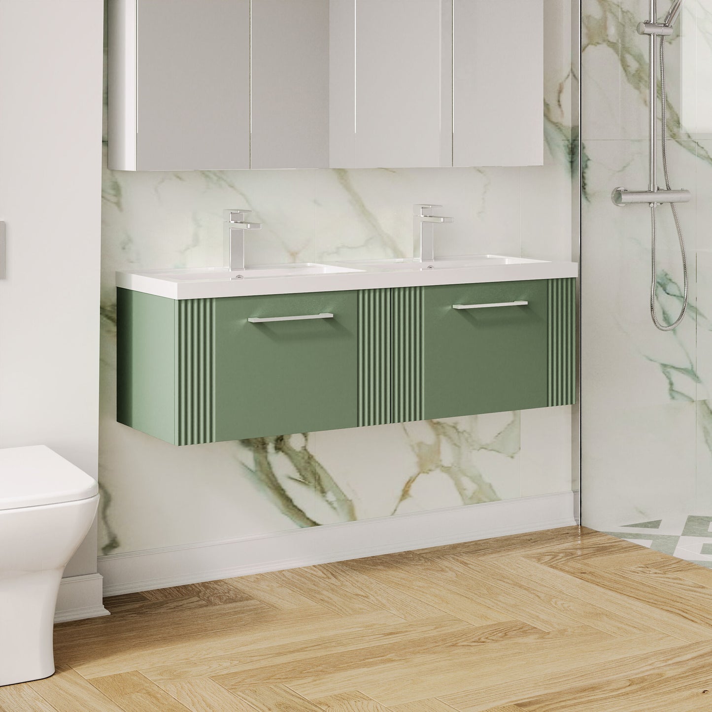 Nuie Deco 1200mm Wall Hung 2-Drawer Vanity & Double Basin With Handles