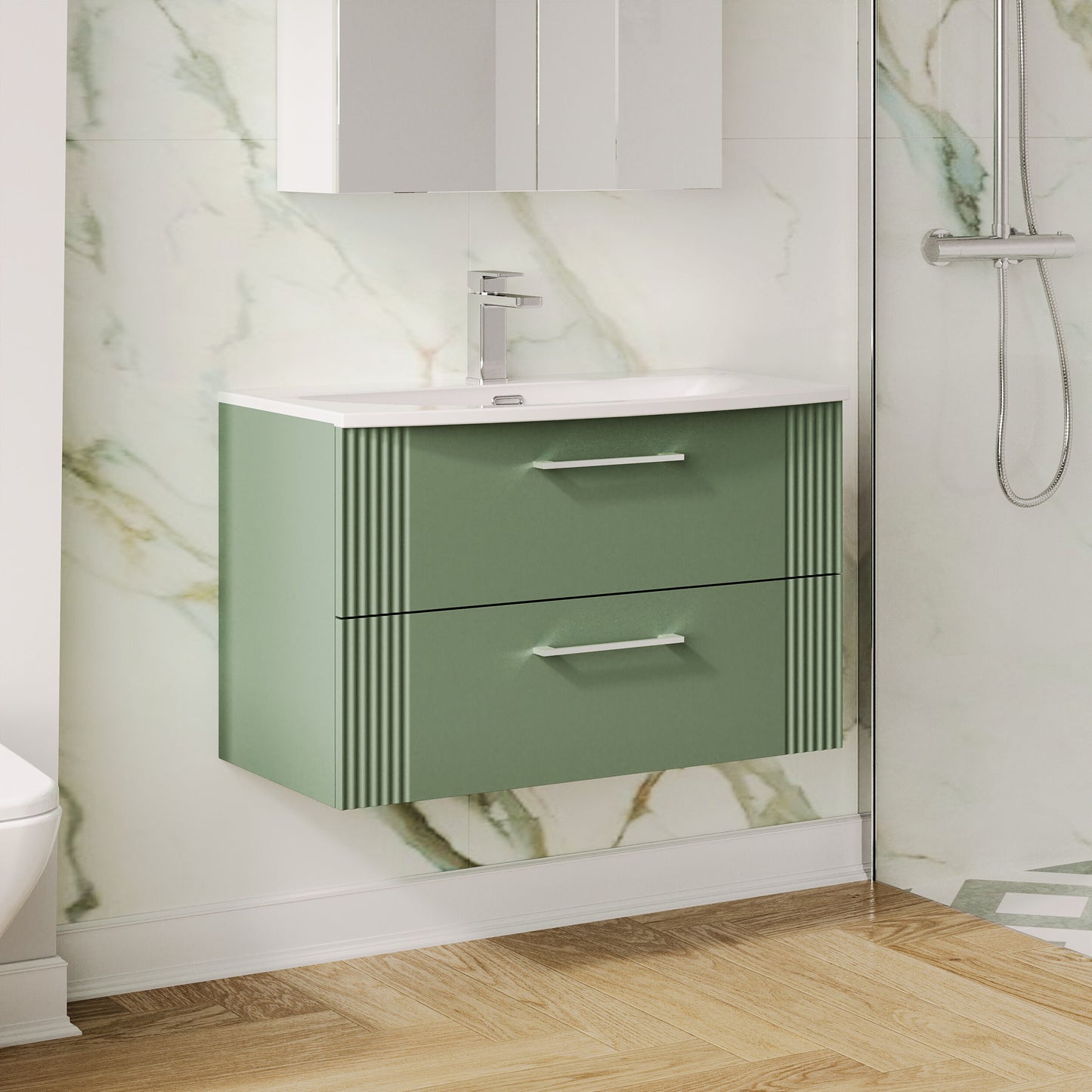 Nuie 800mm Satin Green Part Fluted Wall Hung 2-Drawer Vanity Unit with Basin & Chrome Handles