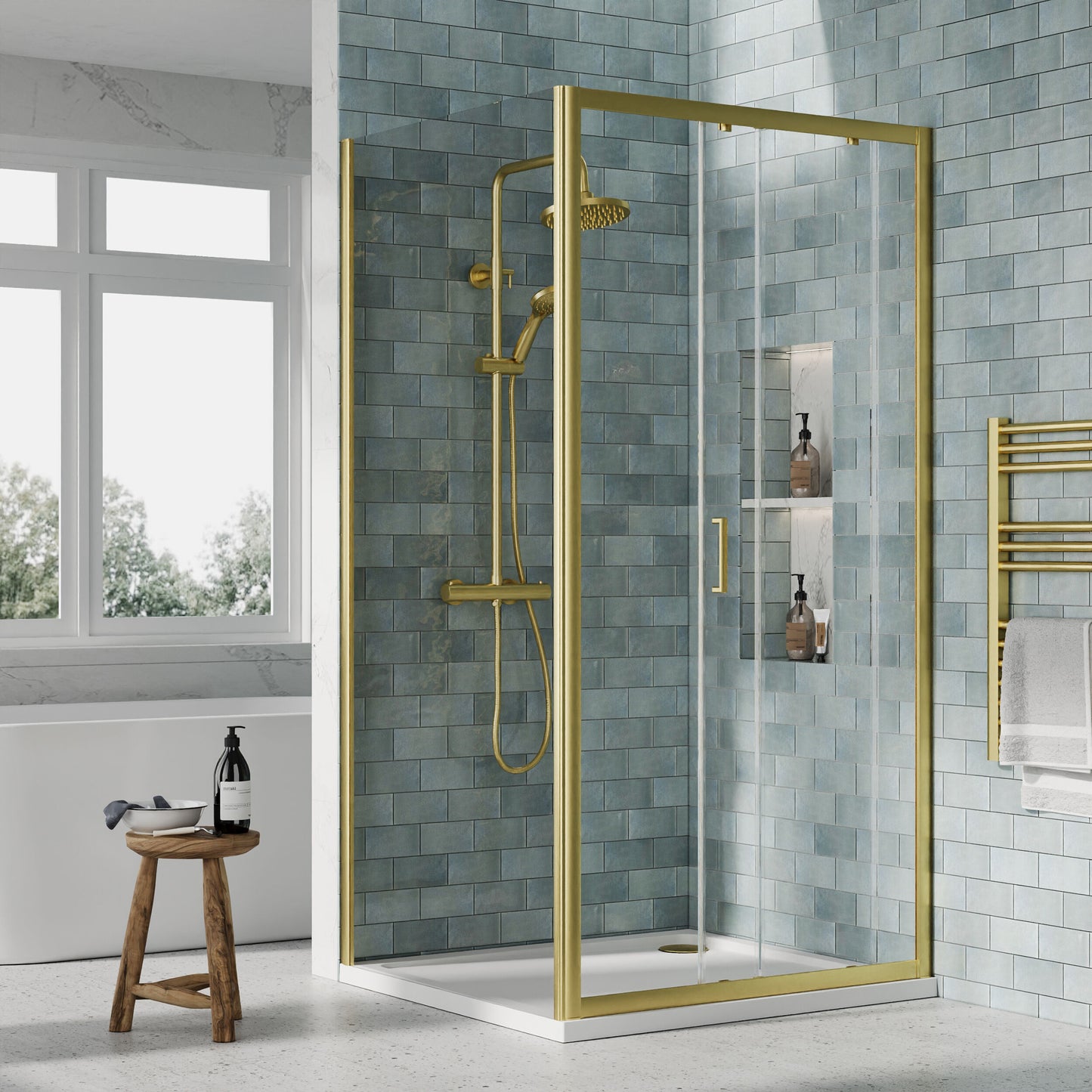 Nuie Rene 990mm Framed Brushed Brass Sliding Door, Side Panel & Tray