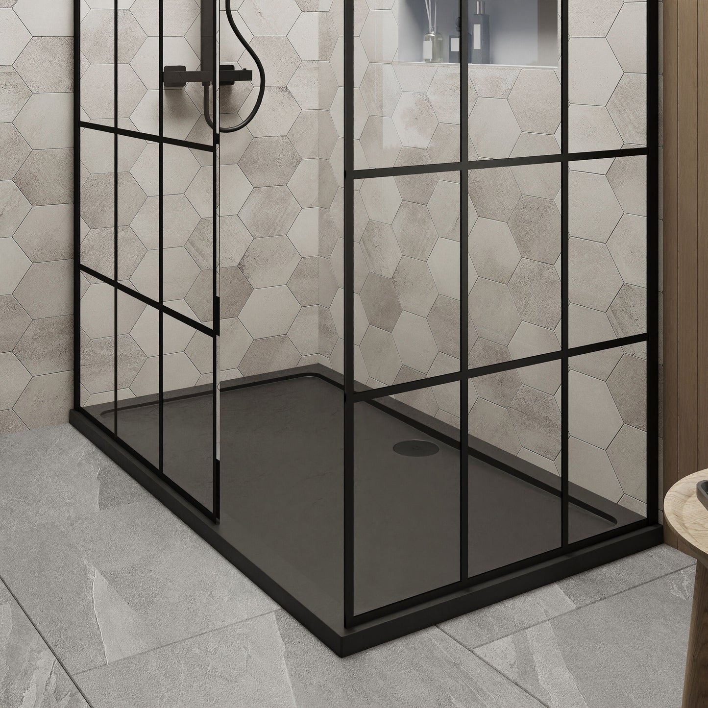Nuie 900mm Framed Walk-In Wetroom Screen Set With Slate Grey Tray