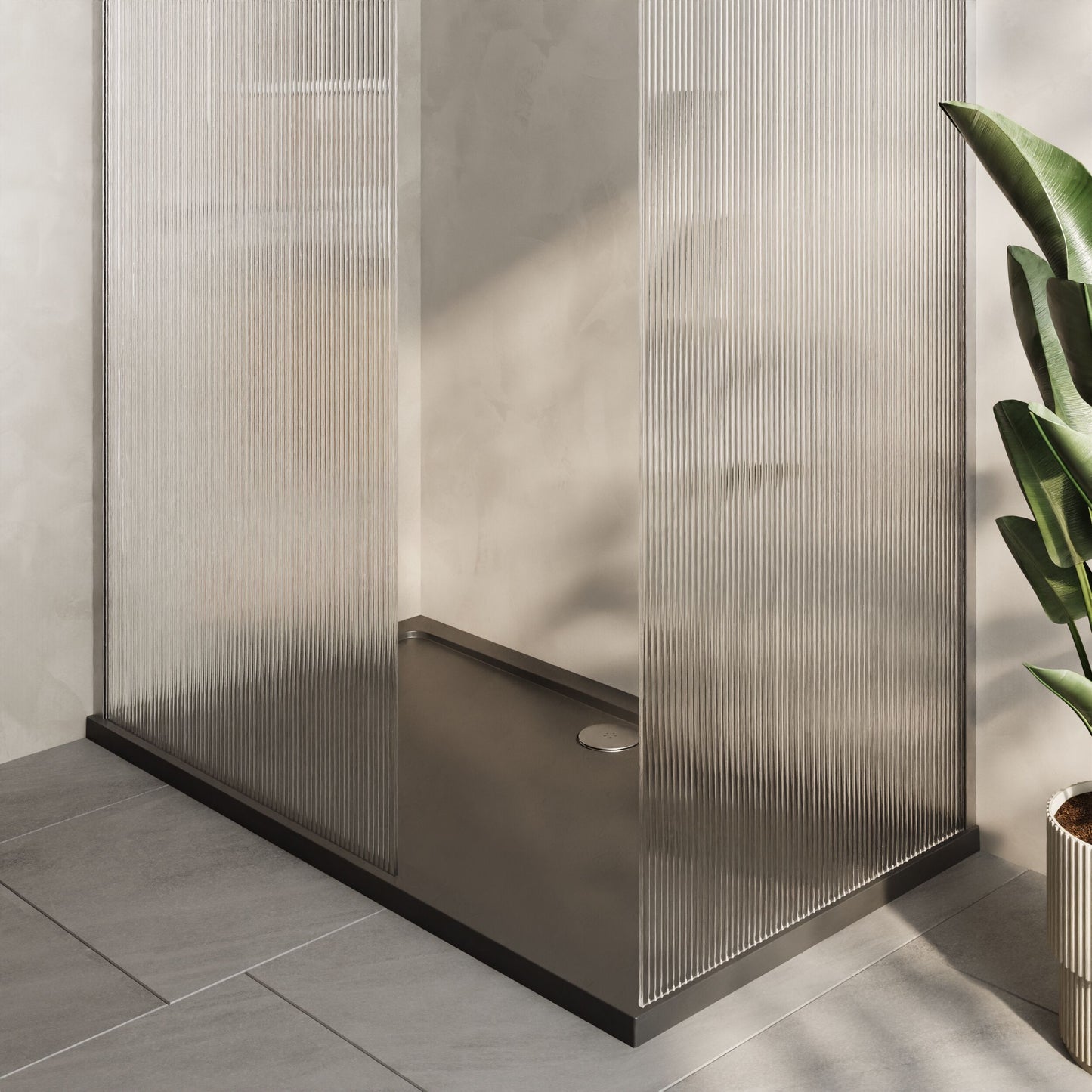 Nuie 900mm Frameless Fluted Walk-In Wetroom Screen Set With Slate Grey Tray