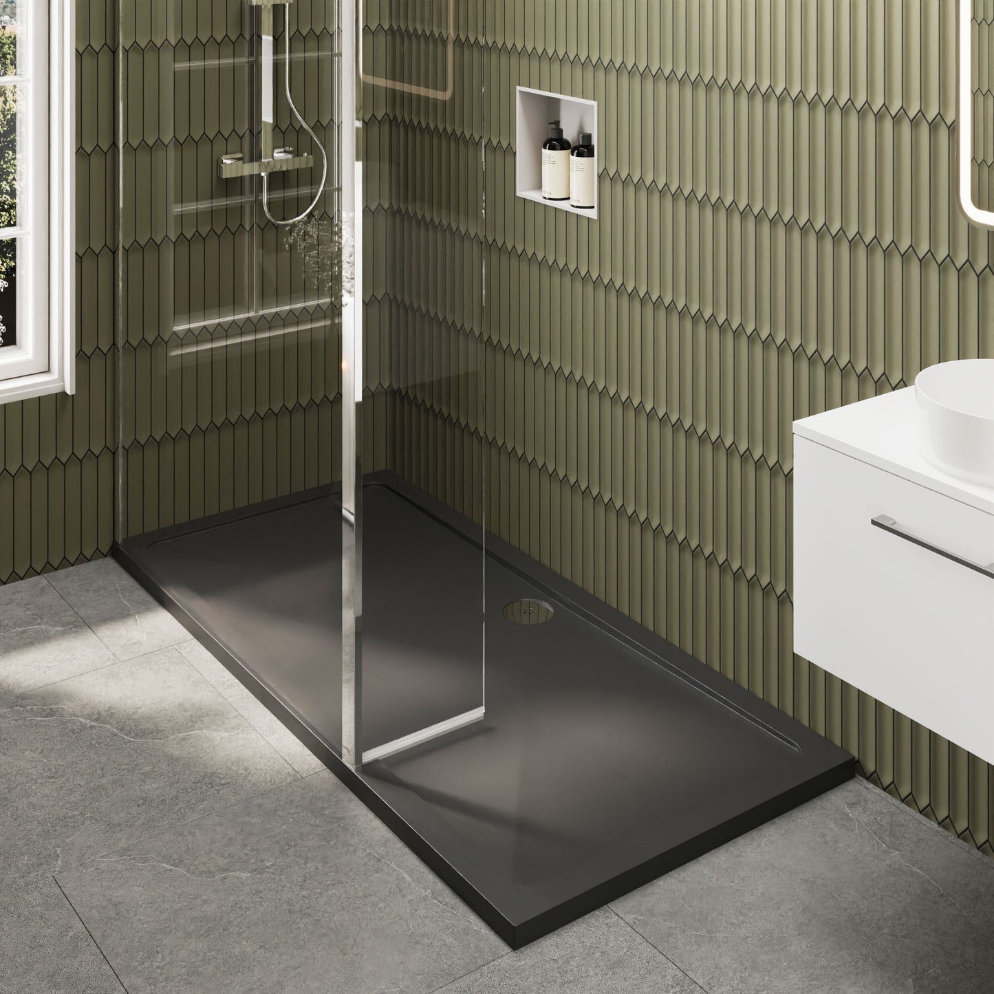 Nuie 1198mm Framed Walk-In Wetroom Return Screen With Slate Grey Tray