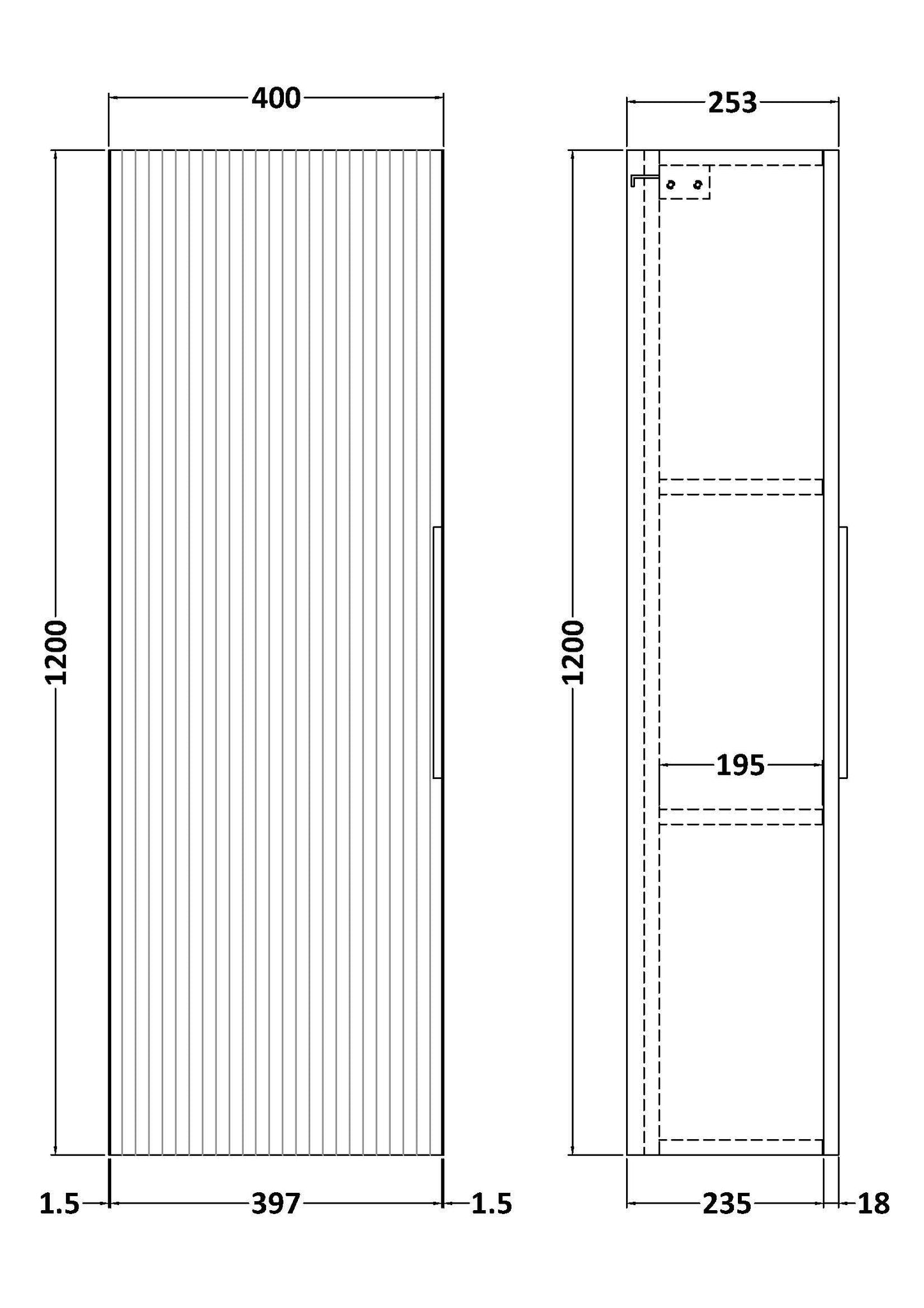 Hudson Reed Fluted 400mm 1 Door Satin White Wall Hung Tall Cabinet With Handles