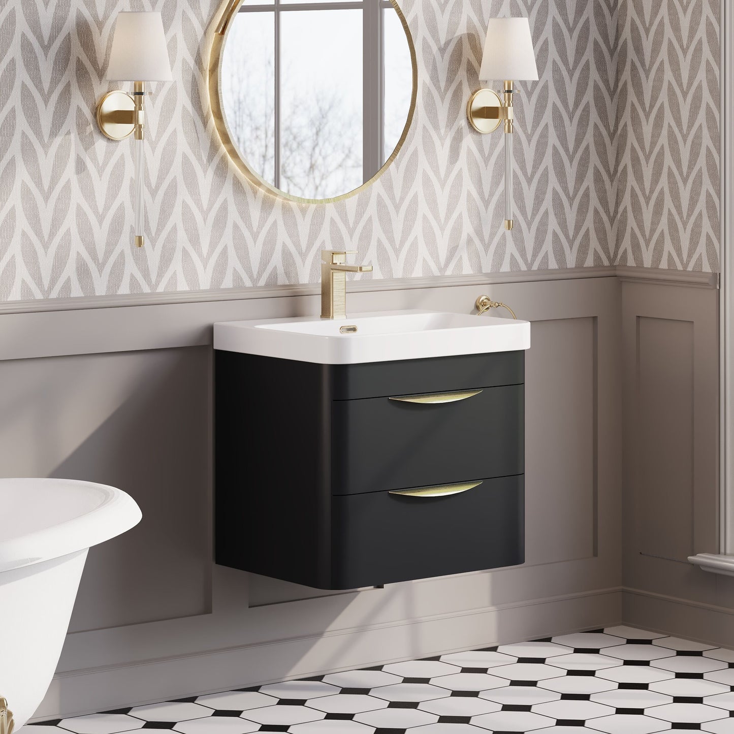 Nuie Parade 600mm Soft Black 2 Drawer Wall Hung Vanity Unit With Thin Edge Ceramic Basin