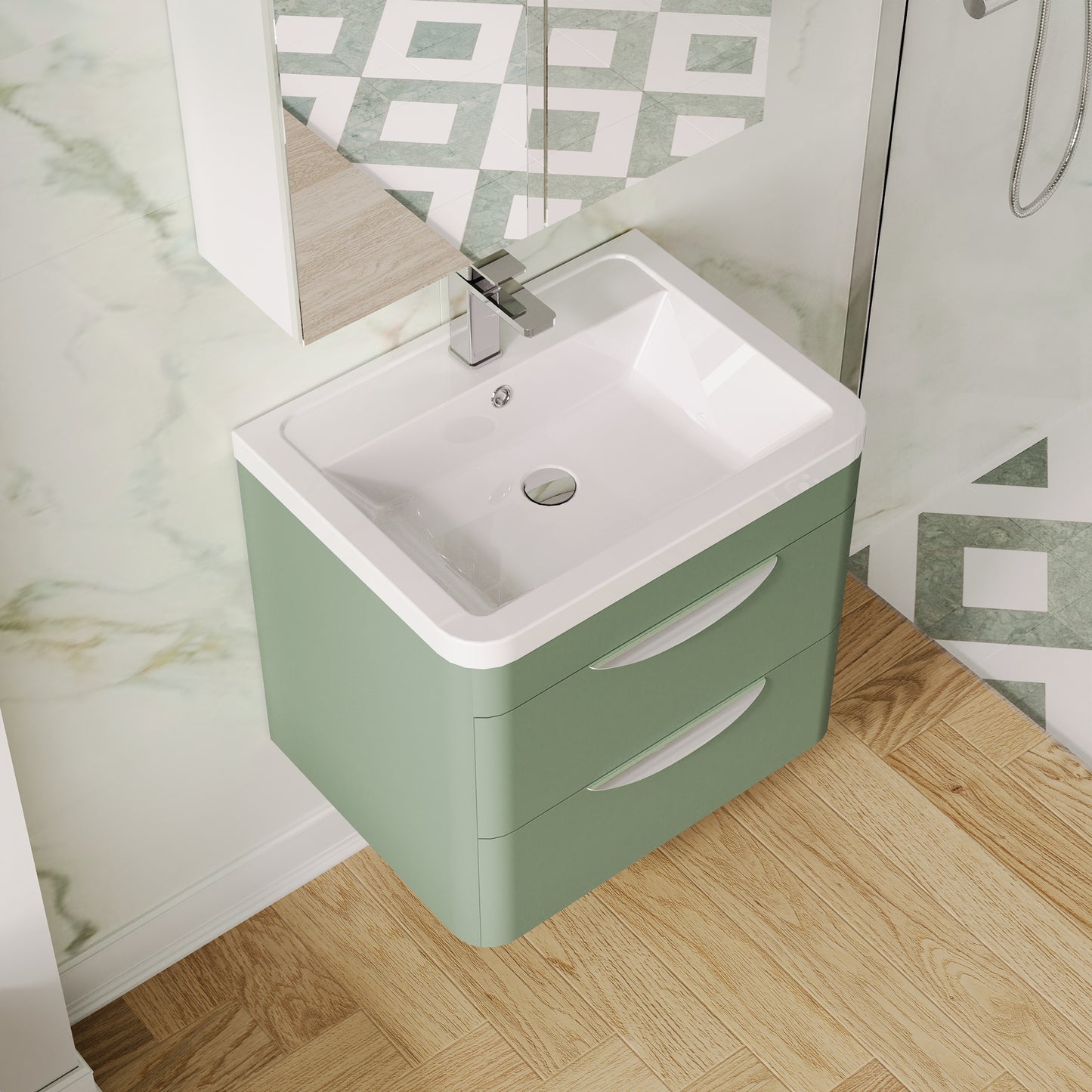 Balterley Wave Contemporary Wall Hung 2 Drawer Bathroom Vanity Unit & Ceramic Basin, Satin Green, 610mm