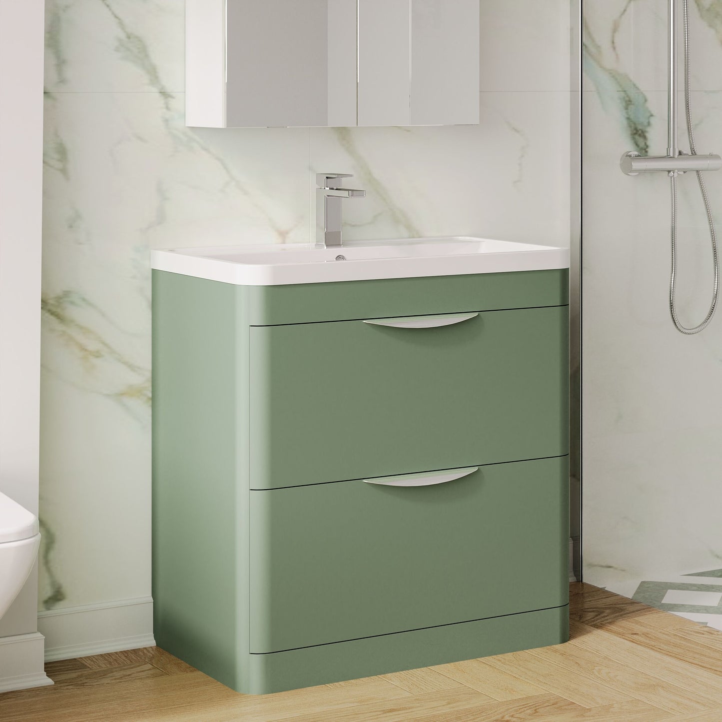 Balterley Wave Contemporary Floor Standing 2 Drawer Bathroom Vanity Unit & Polymarble Basin, Satin Green, 800mm