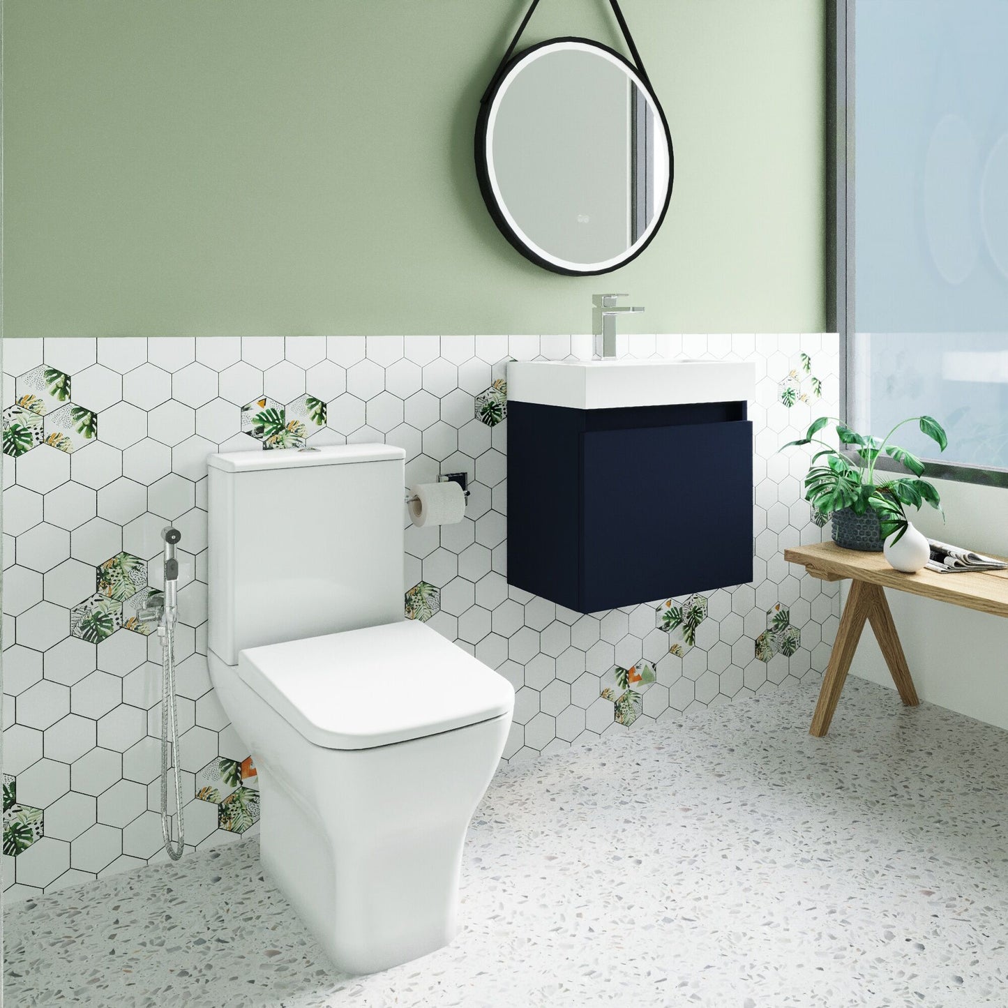 Nuie Deco 500mm Midnight Blue Wall Hung Vanity Basin Unit, Tap, Toilet, and Soft Close Toilet Seat