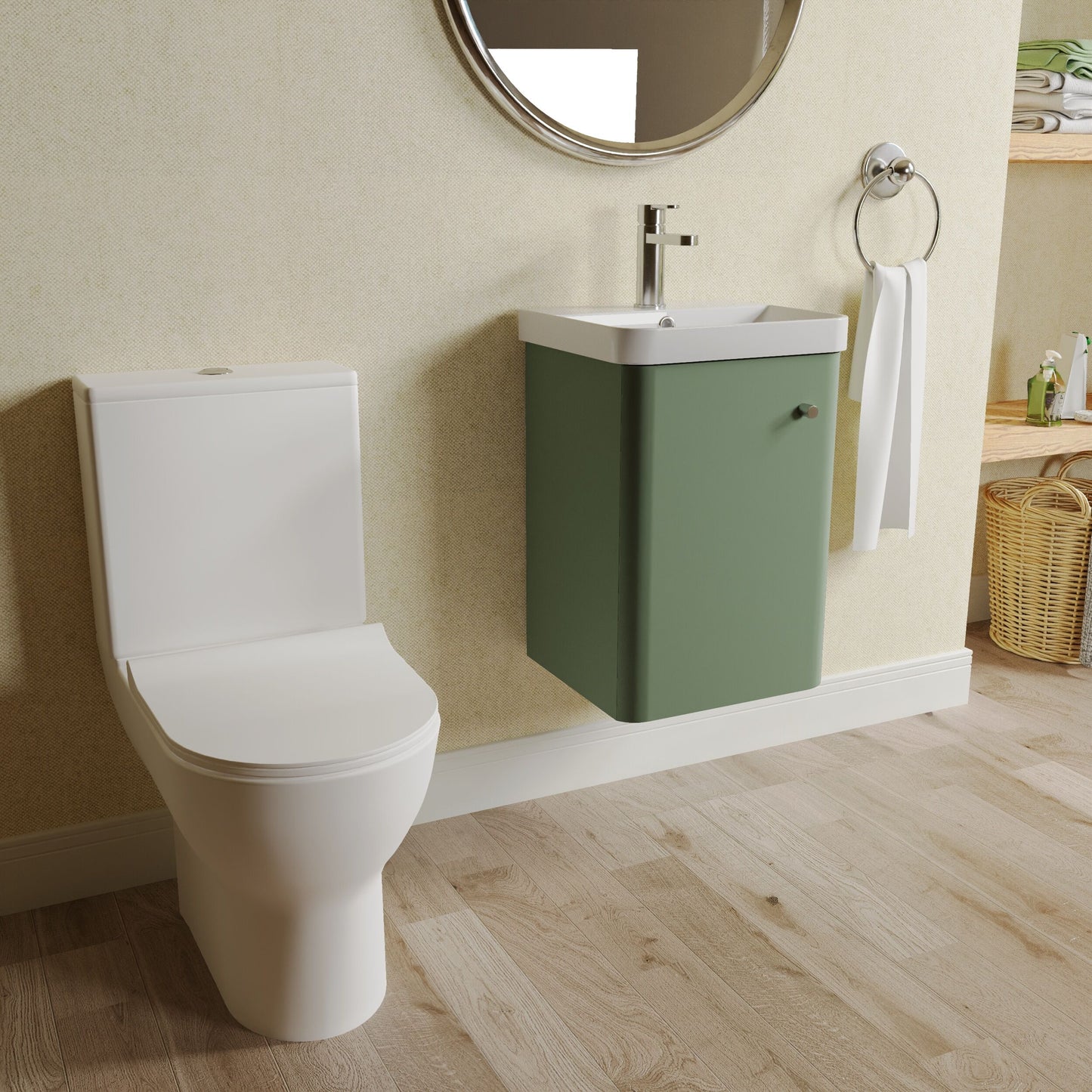 Nuie Deco 379mm Satin Green 400mm Width Wall Hung 1-Door Vanity Basin Unit Green, Knob Handle, Hinge and Fixings, 400mm Thin Edge Basin, P Trap Toilet Pan, Soft Close Round Toilet Seat, Plastic Chrome Plated Cistern, Basin Mixer Tap and Waste