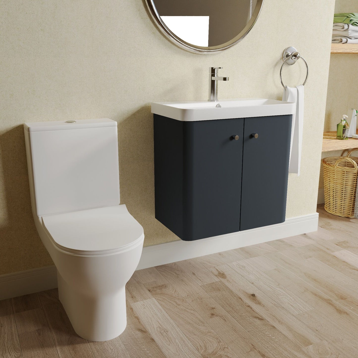 Nuie Deco 579mm Soft Black Wall Hung Vanity Basin Unit, Tap, Toilet, and Soft Close Toilet Seat