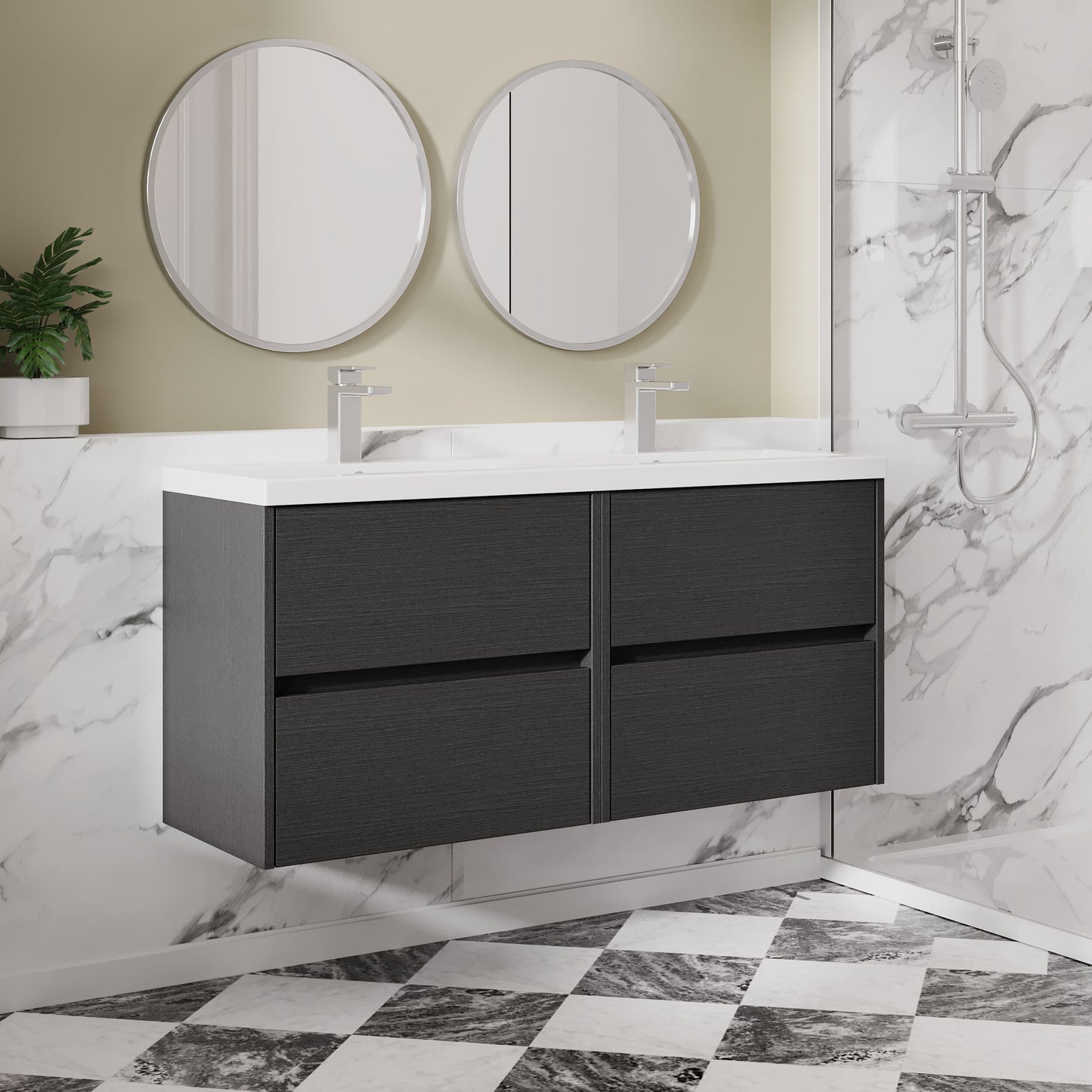 Nuie Havana 1200mm Graphite Grey Woodgrain Wall Hung 4 Drawer Vanity Unit With Double Ceramic Basin