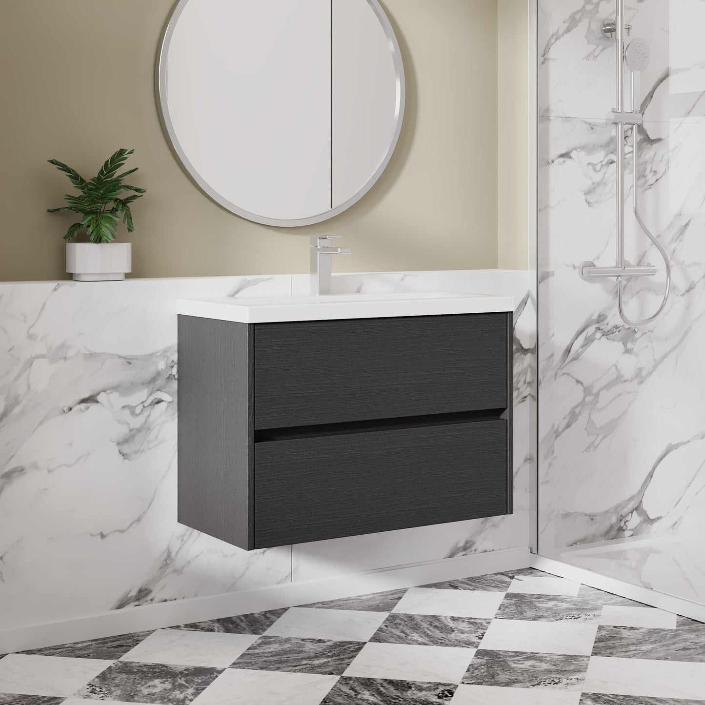 Nuie Havana Wall Hung 800mm Graphite Grey Woodgrain 2 Drawer Vanity Unit with Basin