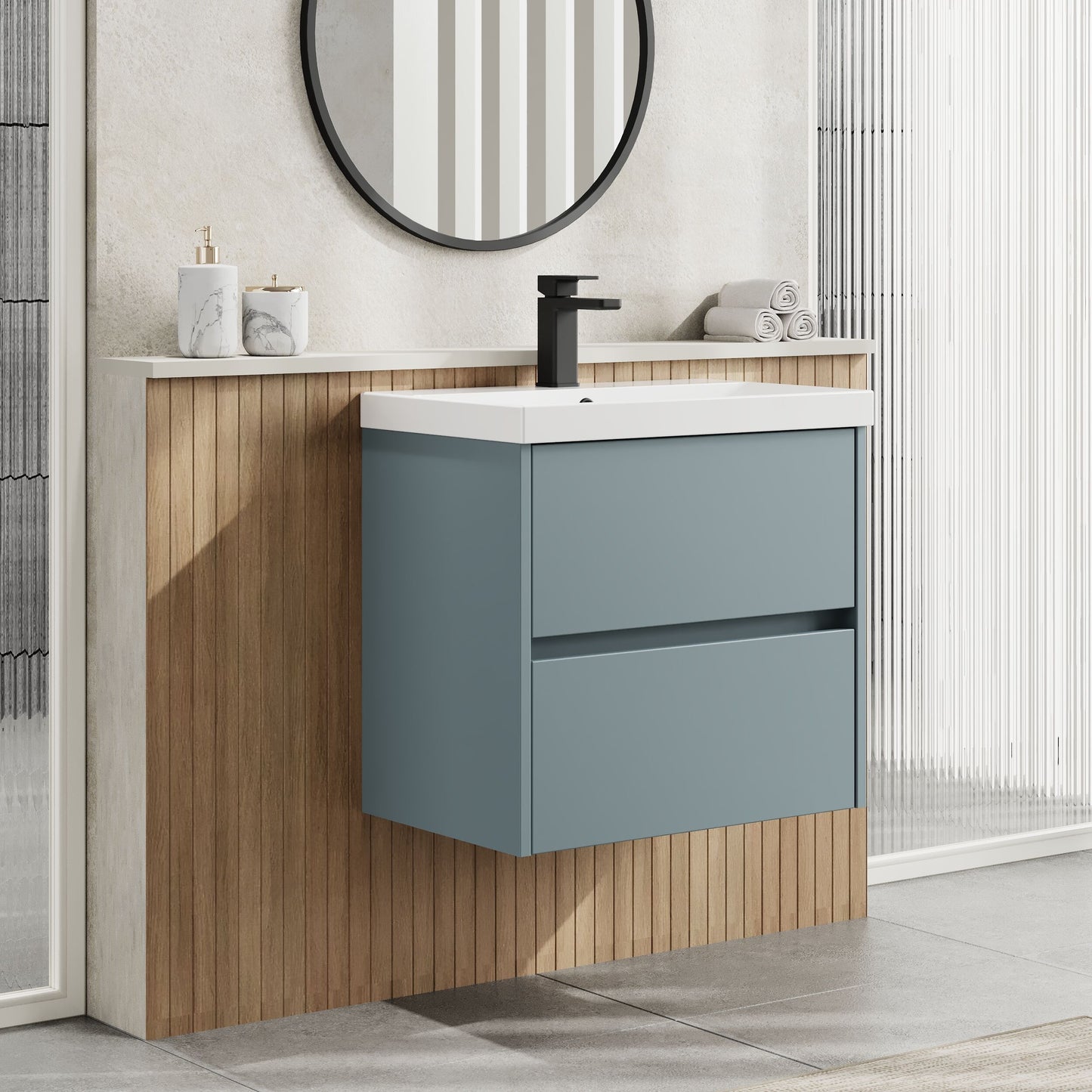 Nuie Havana 600mm Wall Hung 2 Drawer Vanity Unit With Thin-Edge Ceramic Basin