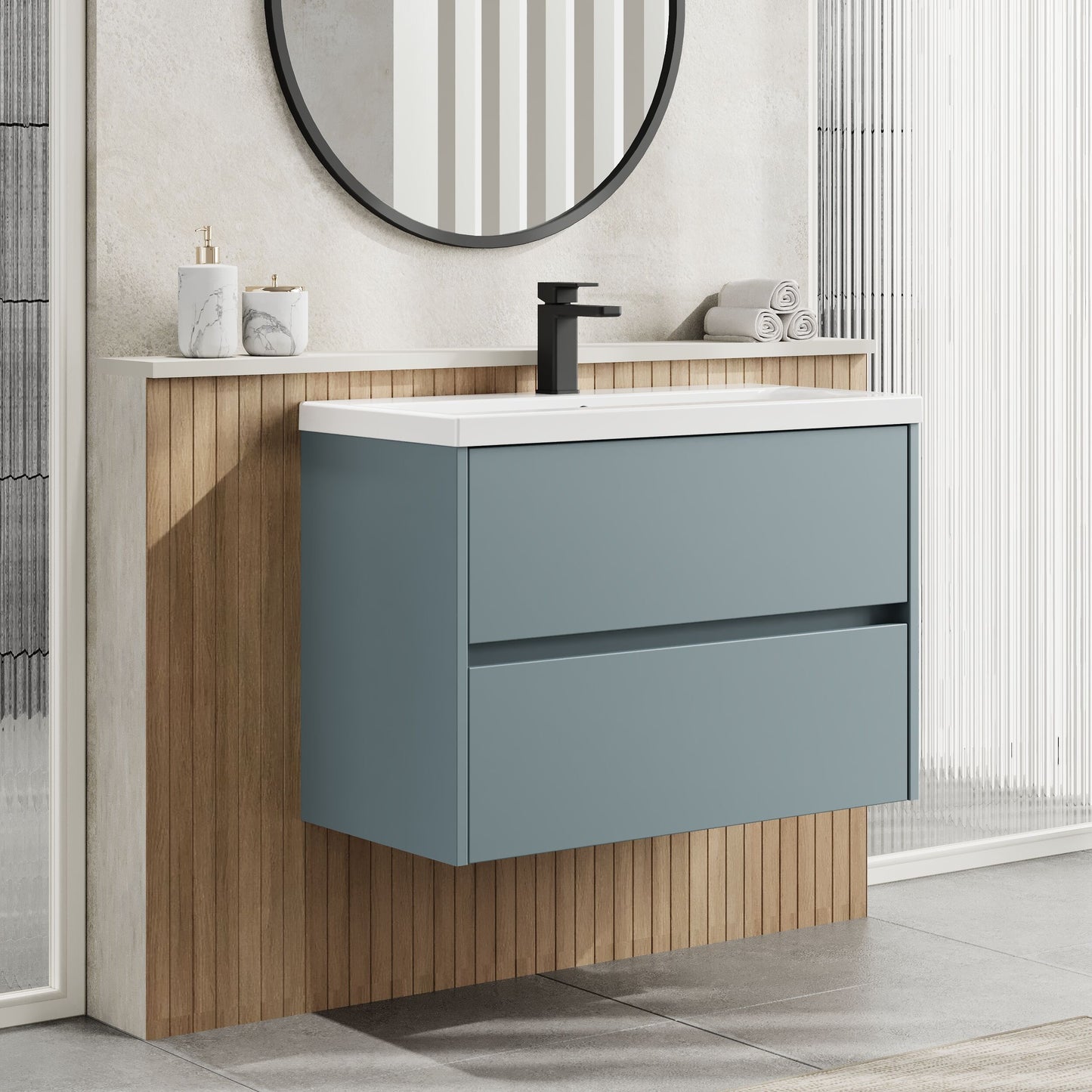 Nuie Havana 800mm Coastal Grey Wall Hung 2 Drawer Vanity Unit with Basin